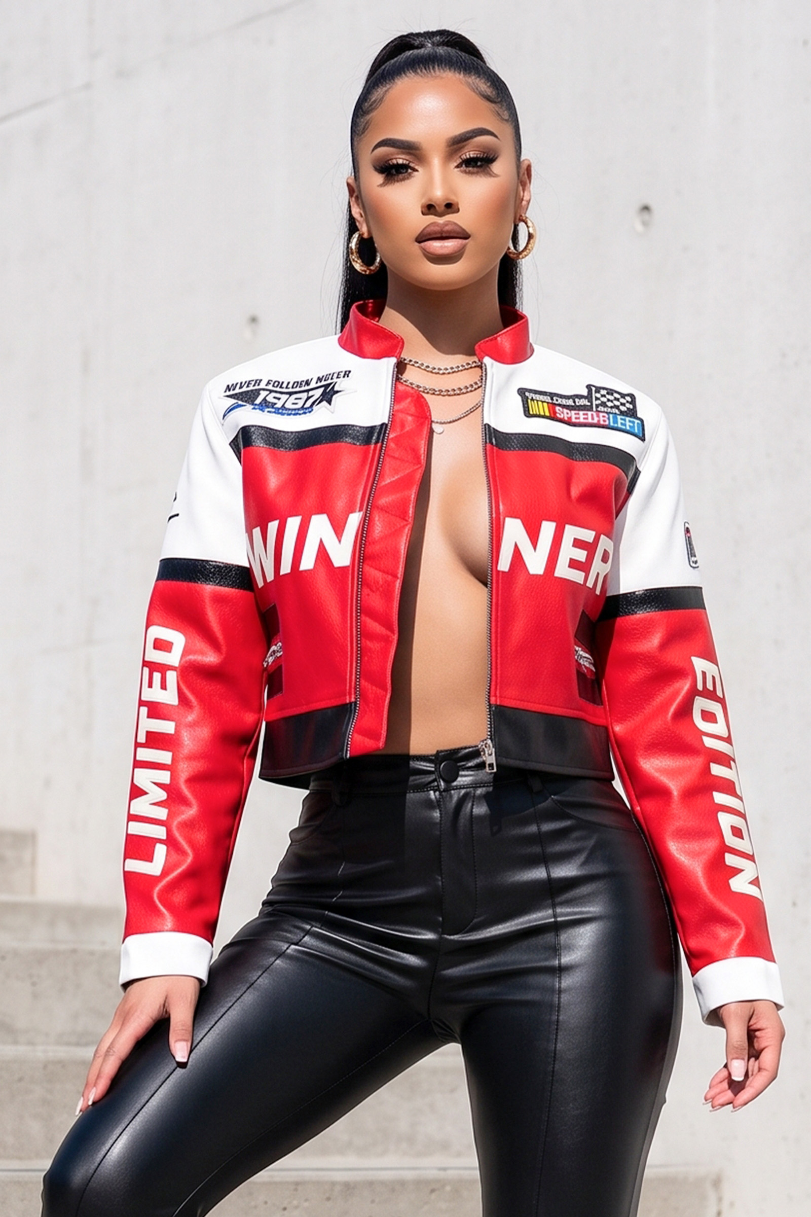 103-RACING THEME EMBROIDERY PATCH FAUX LEATHER BIKER JACKET, Contents: