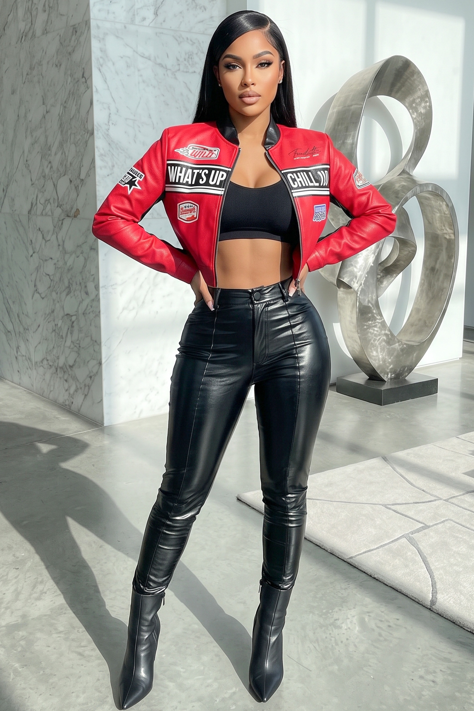 102-RACING THEME PATCH WORK GRAPHIC FAUX LEATHER BIKER JACKET, Contents: