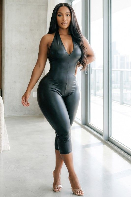 60053-FAUX LEATHER V-NECK HALTER CAPRI JUMPSUIT WITH LACE-UP BACK, Contents: