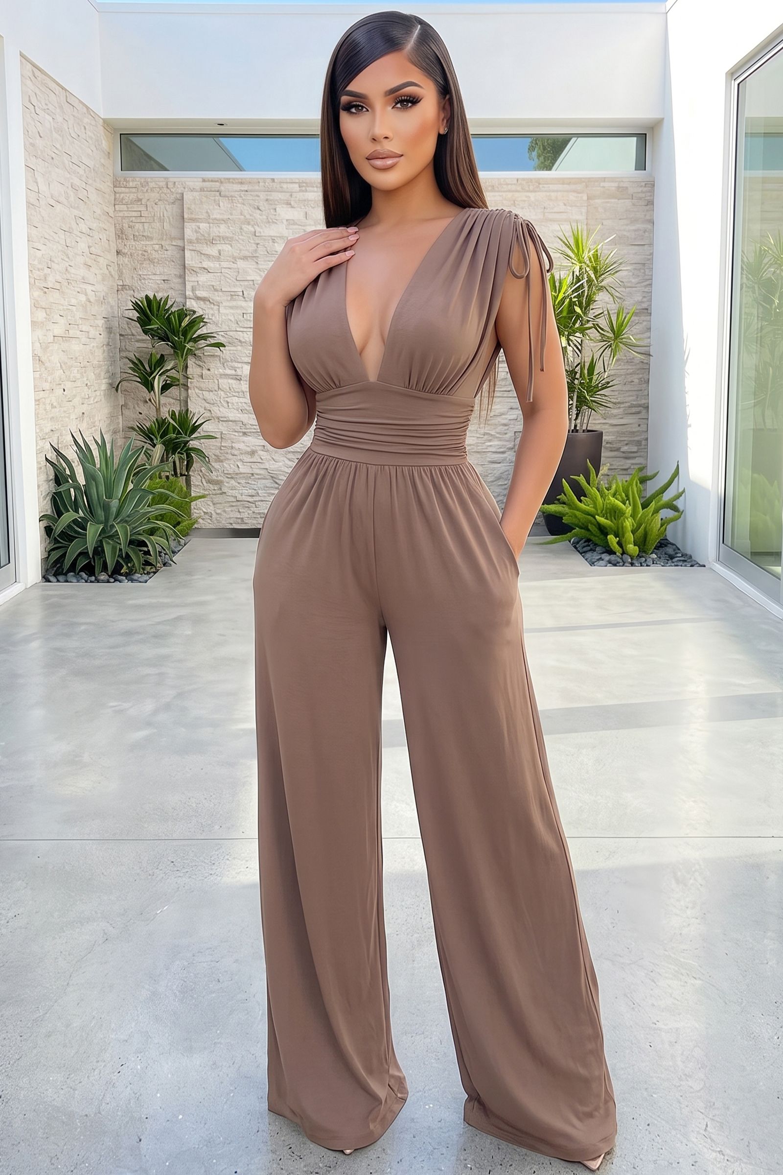 3817-SHIRRING SHOULDER V-NECK SLIM WAIST WIDE LEG JUMPSUIT, Contents: