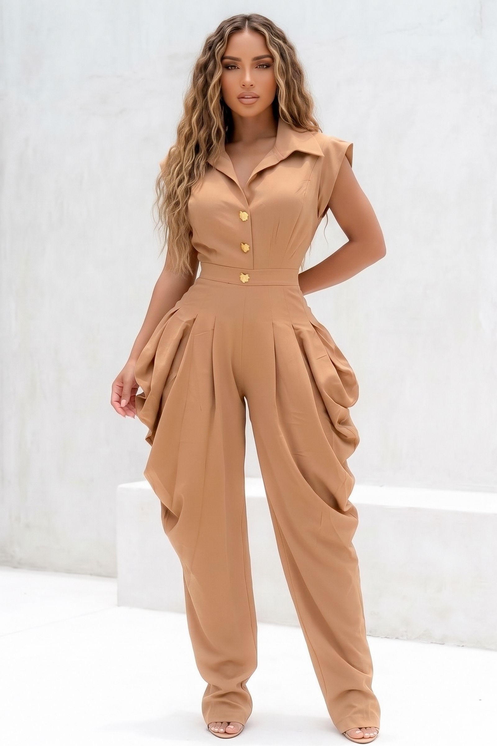 9448-CAP SLEEVE GOLD ORNATE BUTTONS HARLEM PANT JUMPSUIT, Contents: