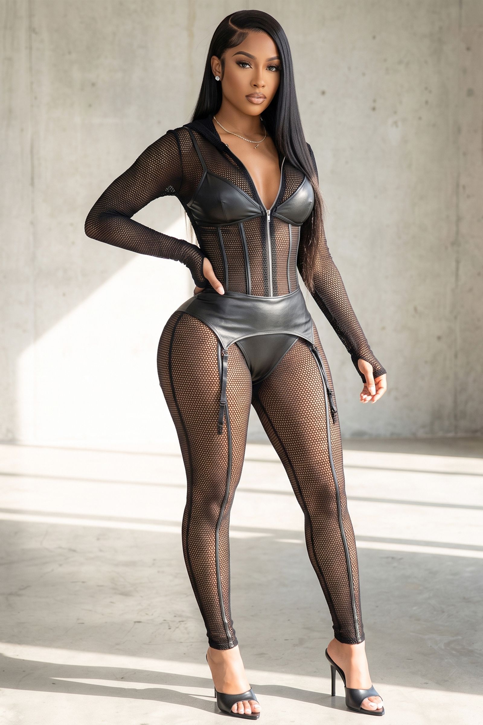 2394-FAUX LEATHER TRIM POPCORN MESH ZIP UP JUMPSUIT WITH GARTER, Contents: