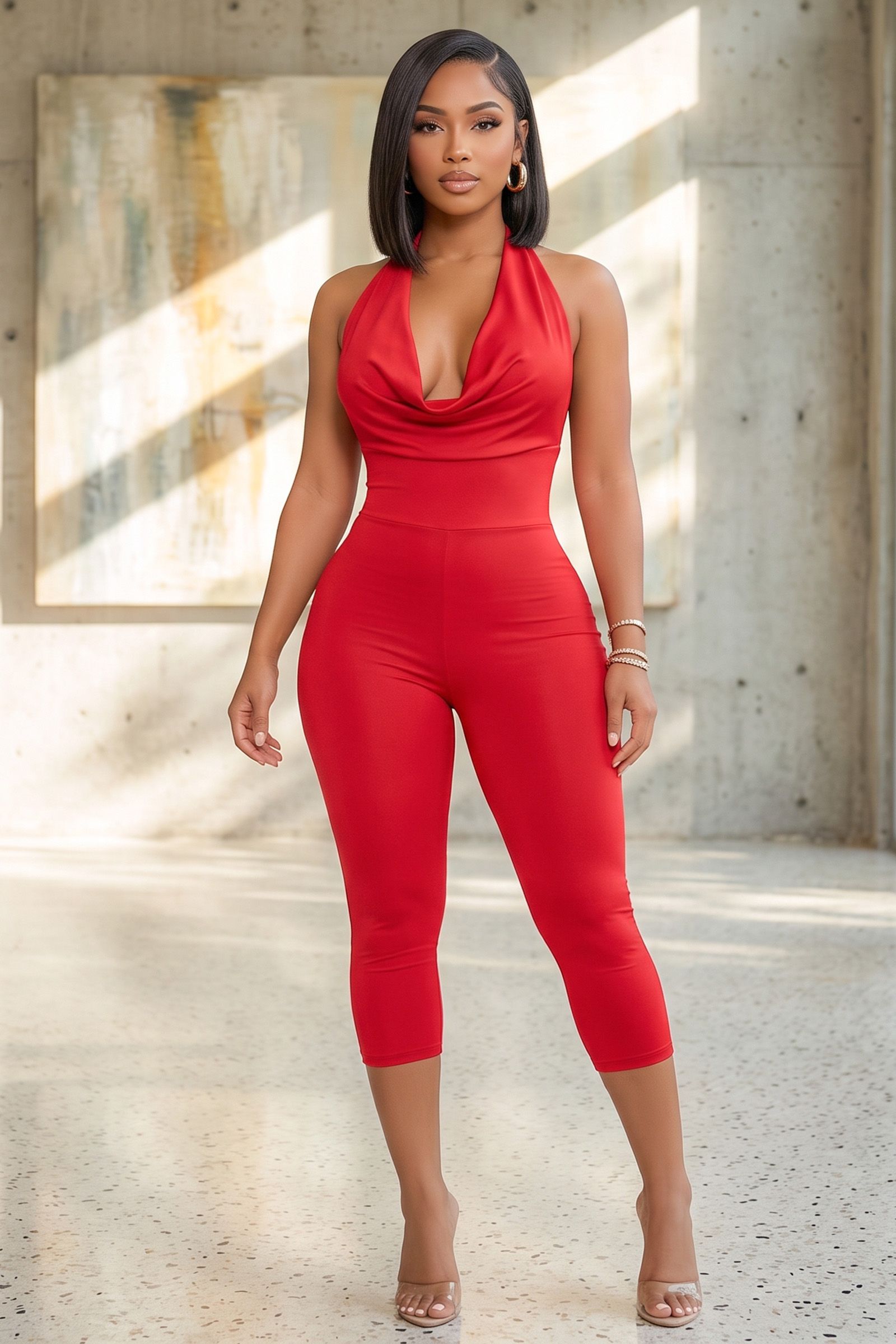 60013-COWL HALTER NECK CAPRI ROMPER WITH BACK OPEN, Contents: