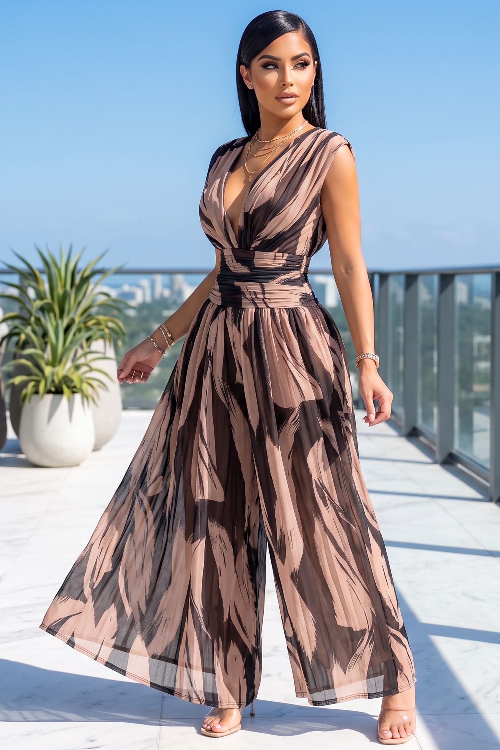 4404-FLORAL PRINTED DEEP V-NECK CHIFFON WIDE LEG JUMPSUIT, Contents: