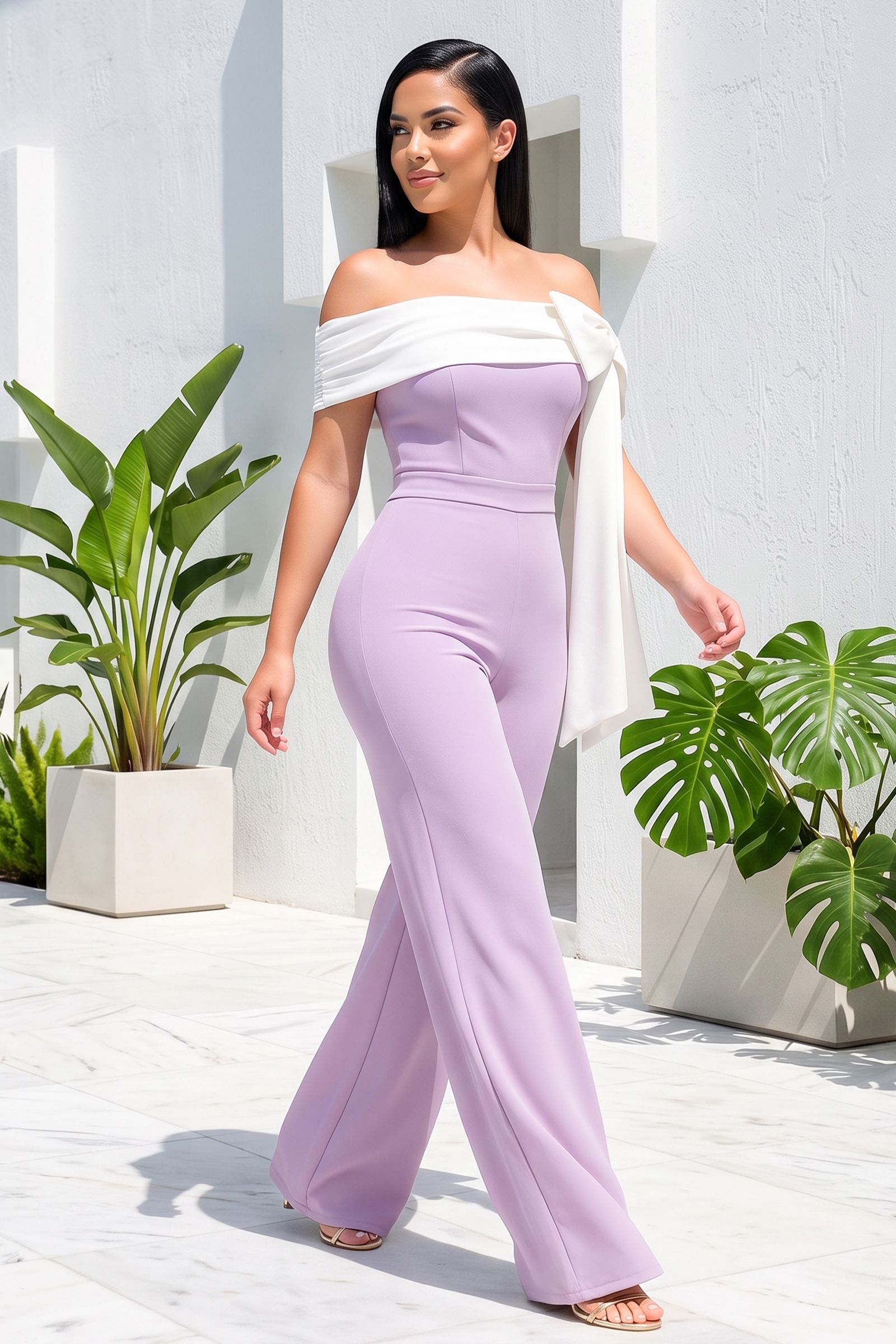 95317-COLOR CONTRAST OFF SHOULDER RIBBON TRIM WIDE LEG JUMPSUIT, Contents: