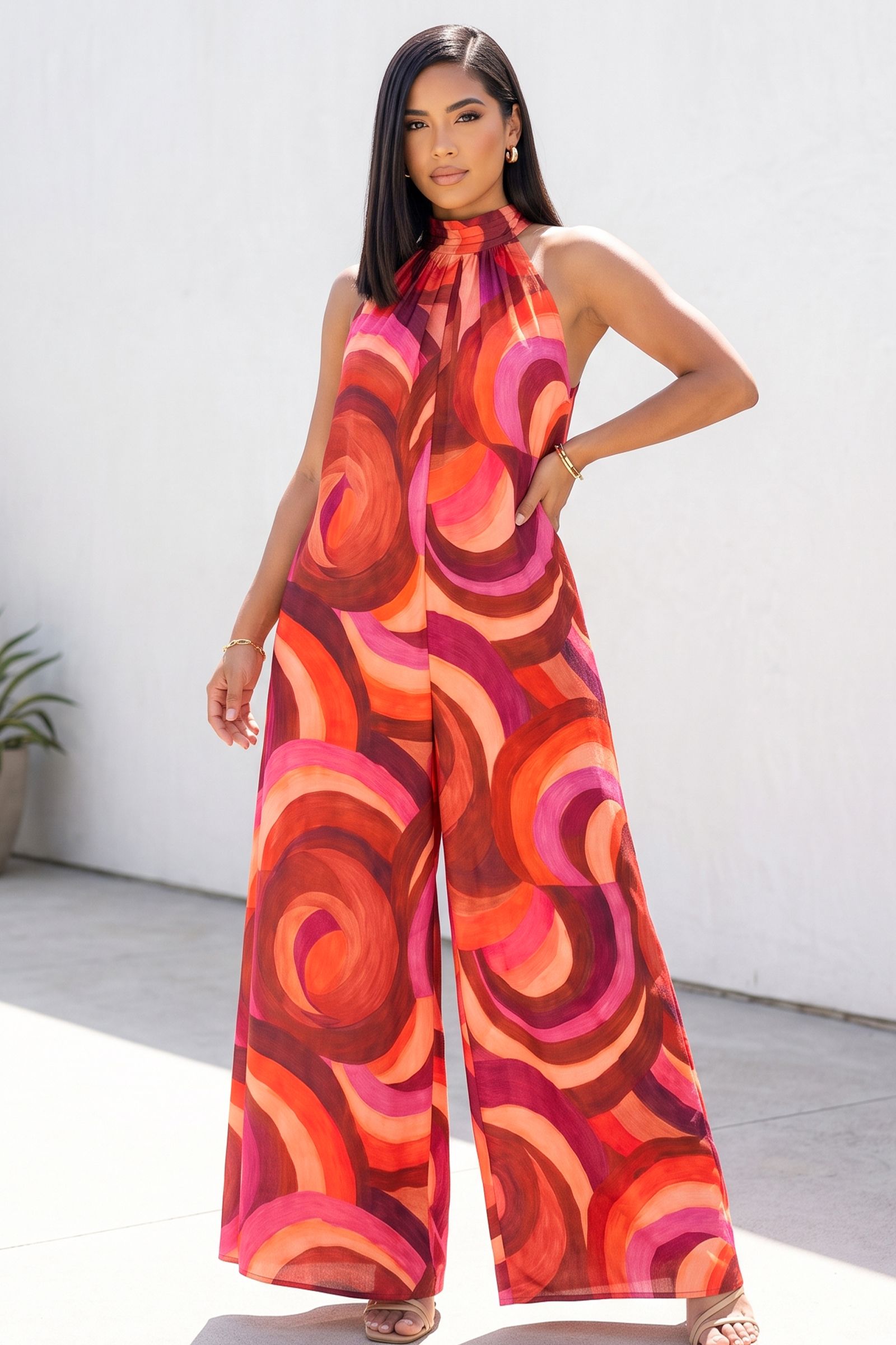 261-1-GEOMETRIC PATTER HALTER NECK OPEN BACK WIDE LEG JUMPSUIT, Contents: