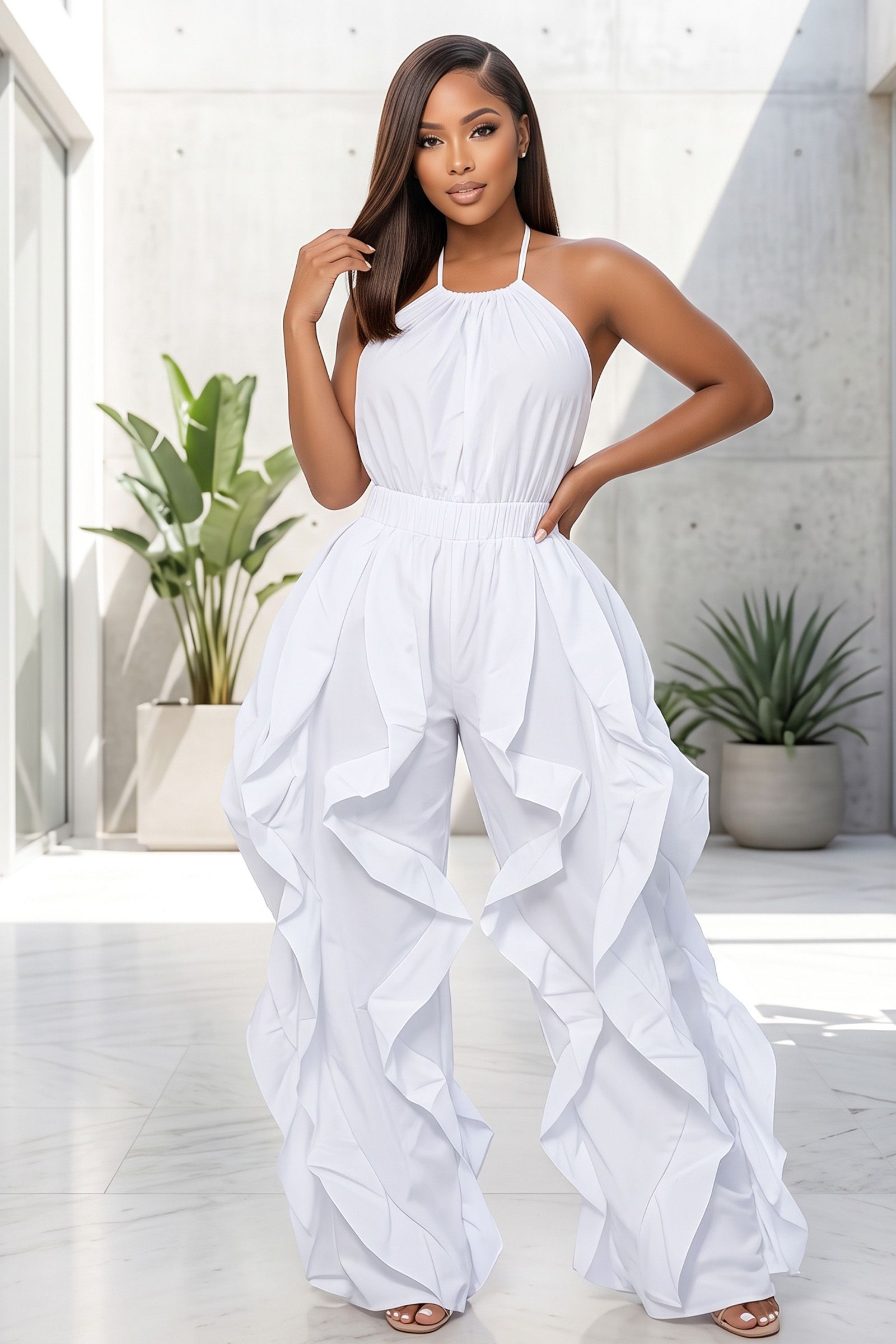 2095-ADJUSTABLE HALTER NECK WINDBREAKER RUFFLE BAGGY JUMPSUIT, Contents: