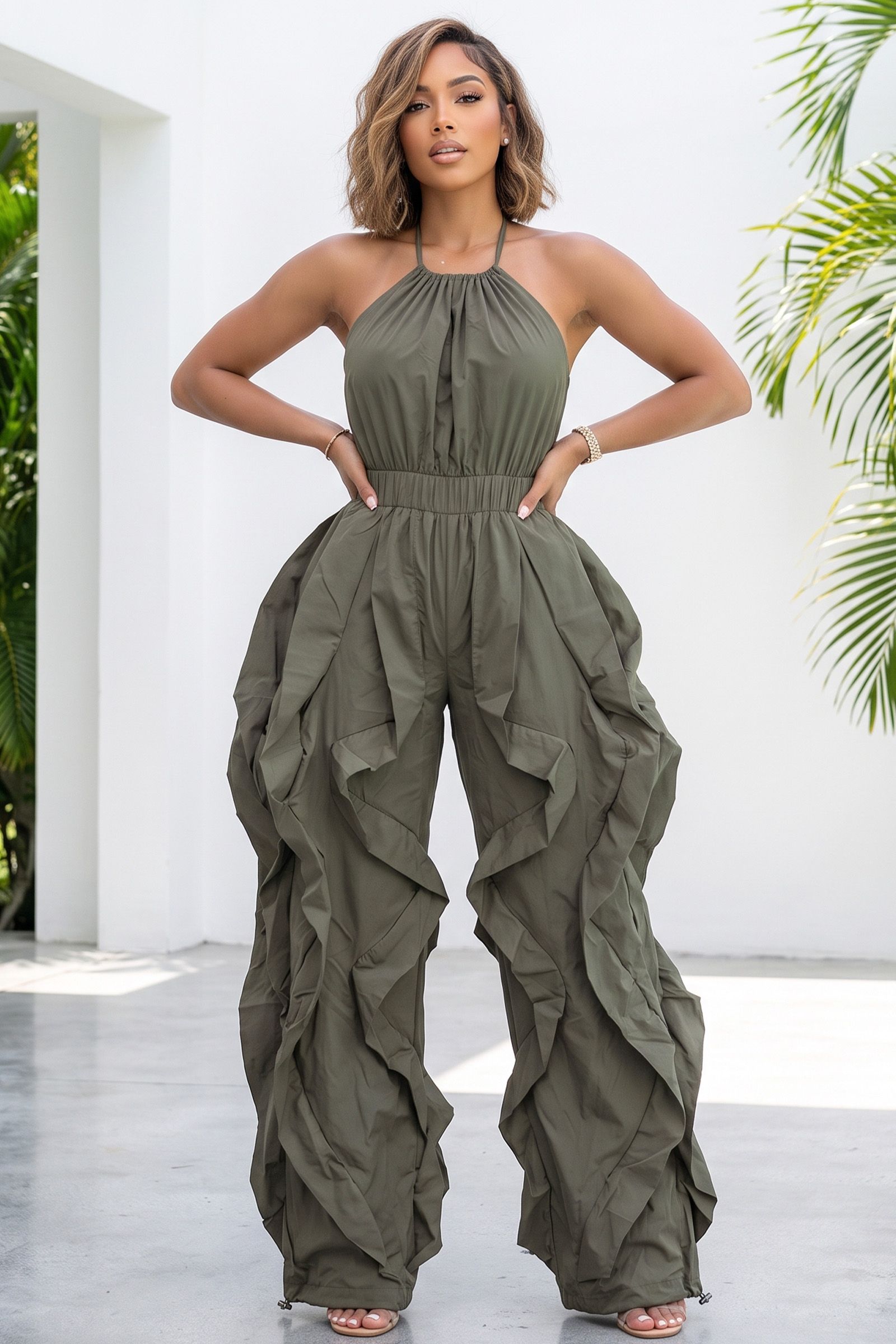 2095-ADJUSTABLE HALTER NECK WINDBREAKER RUFFLE BAGGY JUMPSUIT, Contents: