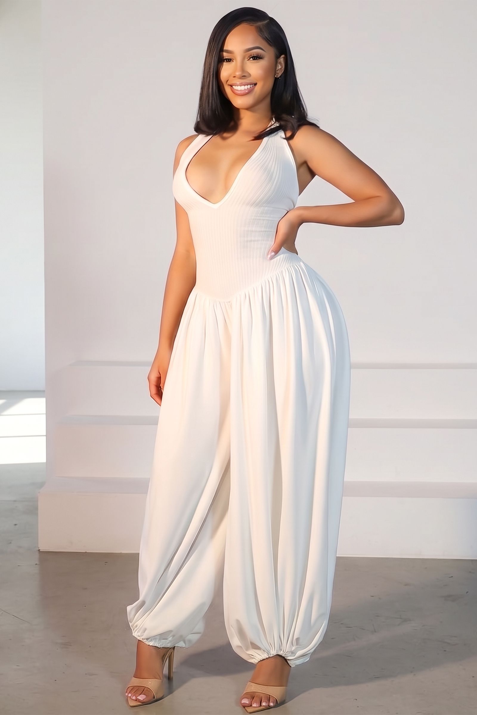 2003-DEEP V-NECK HALTER ALADIN JUMPSUIT WITH BACK OPEN, Contents: