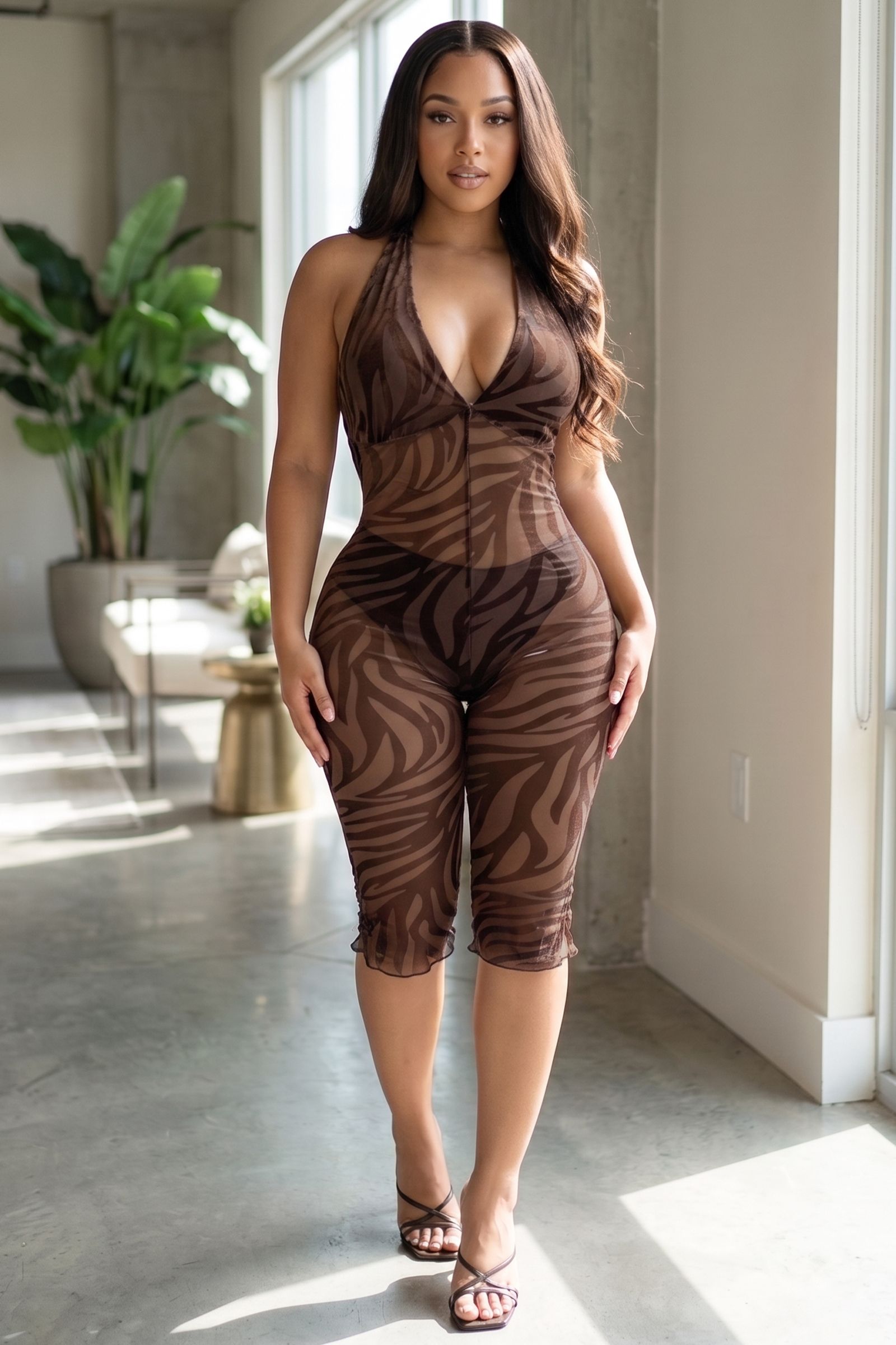 60046-BURNOUT VELVET SHEER FABRIC HALTER BODYCON CAPRI ROMPER, Contents: