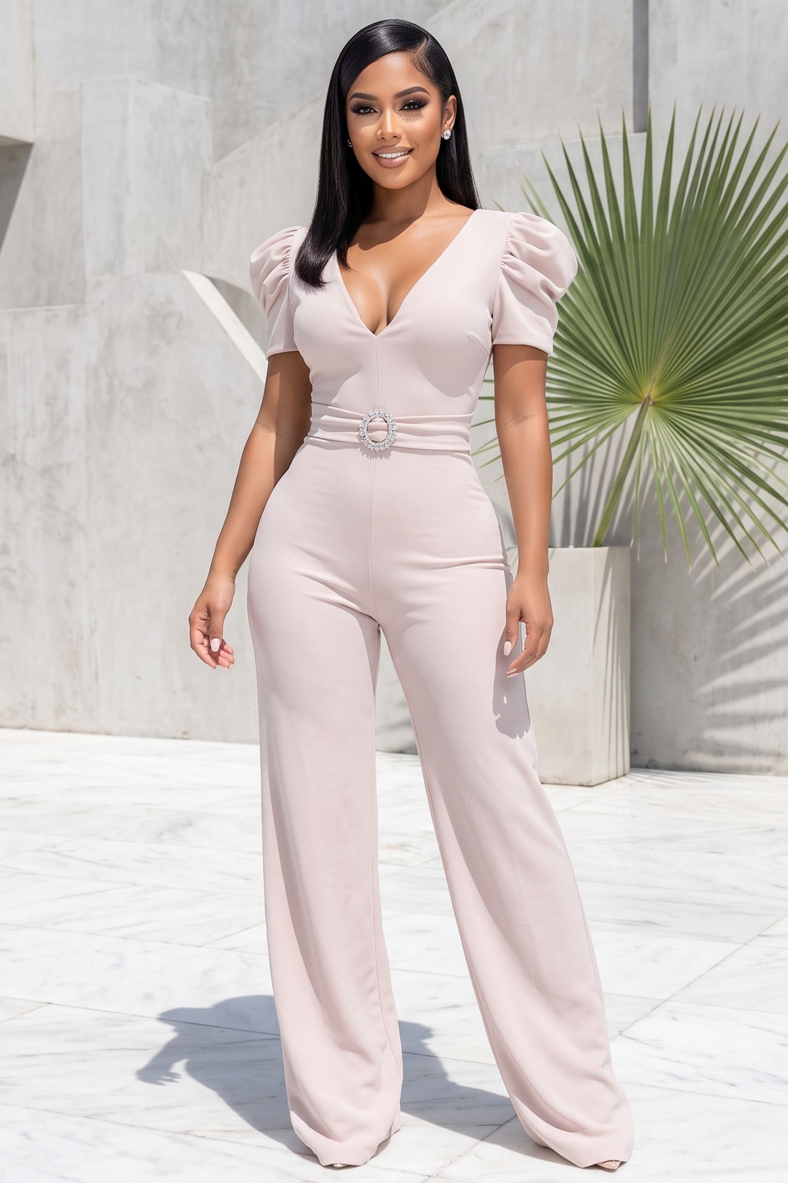 9466-V-NECK WIRE PUFFY SHORT SLEEVE WIDE LEG JUMPSUIT WITH BUCKLE, Contents: