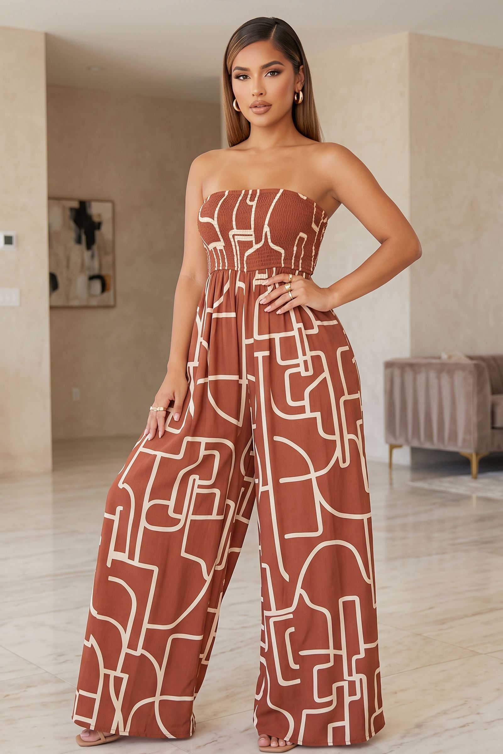 318-3-ABSTRACT PRINTED SMOCKED TOP WIDE LEG STRAPLESS JUMPSUIT., Contents: