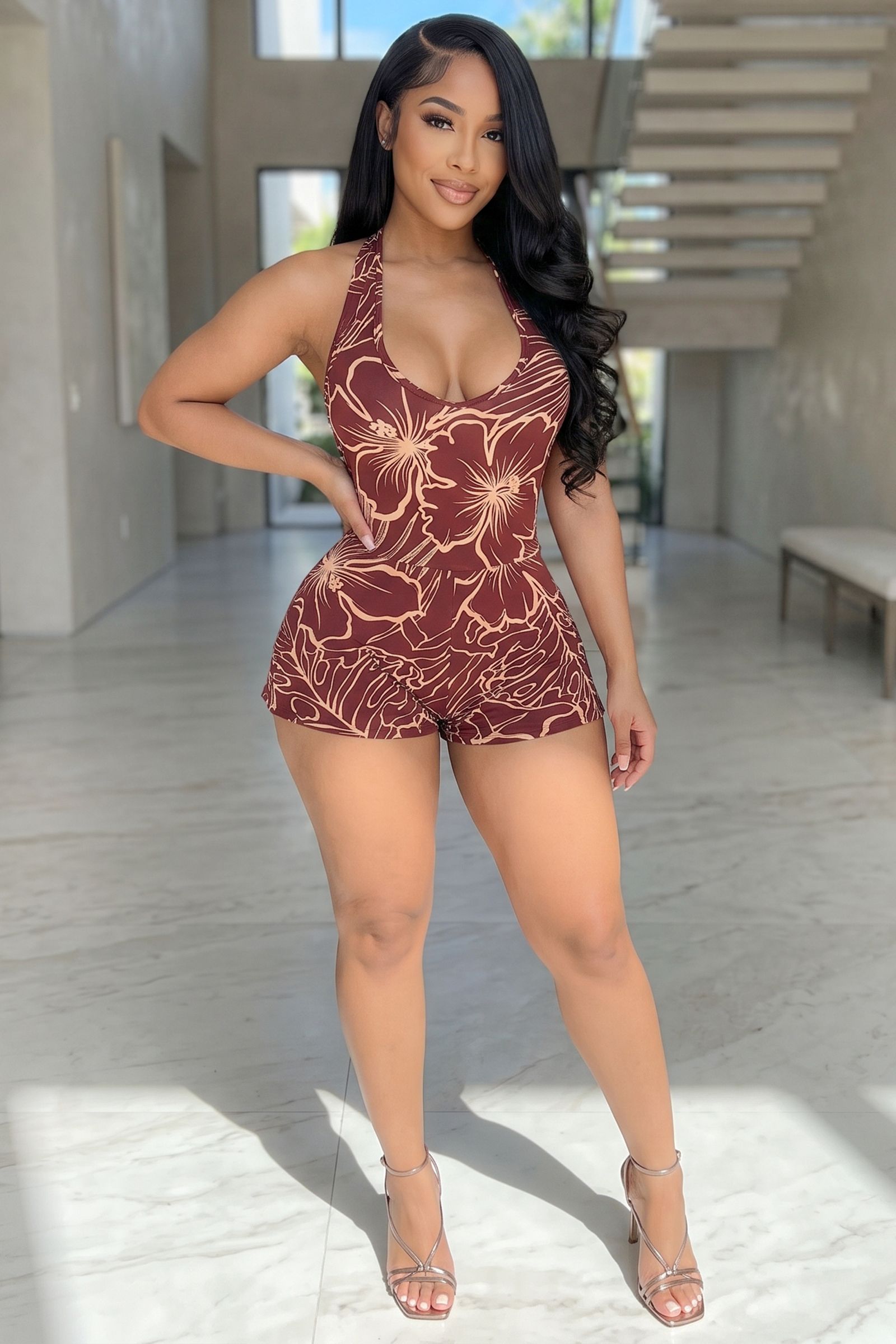 87774-FLORAL PATTERN HALTER NECK ROMPER WITH OPEN BACK, Contents: