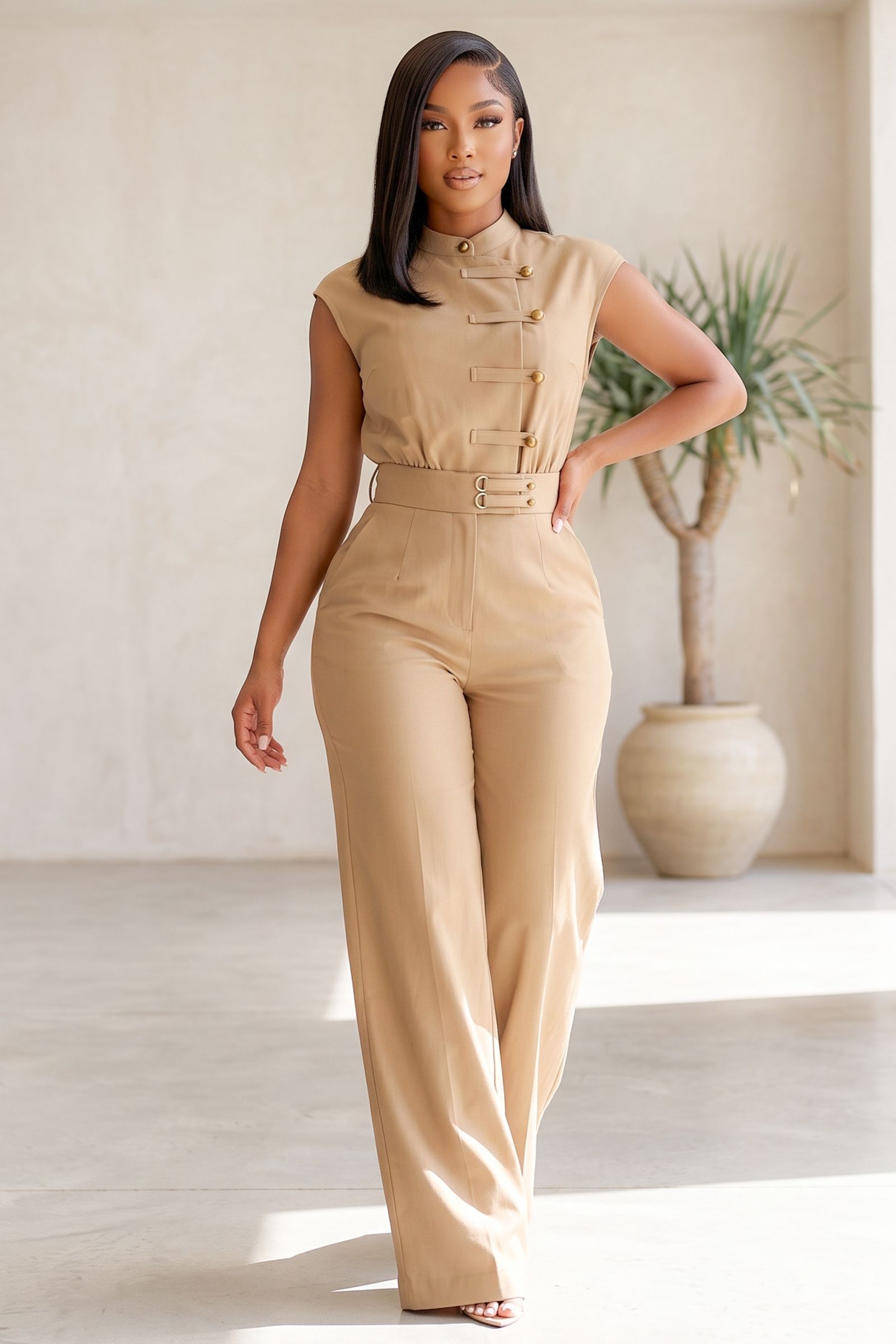 26284-CAP SLEEVE MADARIN COLLAR BUTTON UP WIDE LEG JUMPSUIT, Contents: