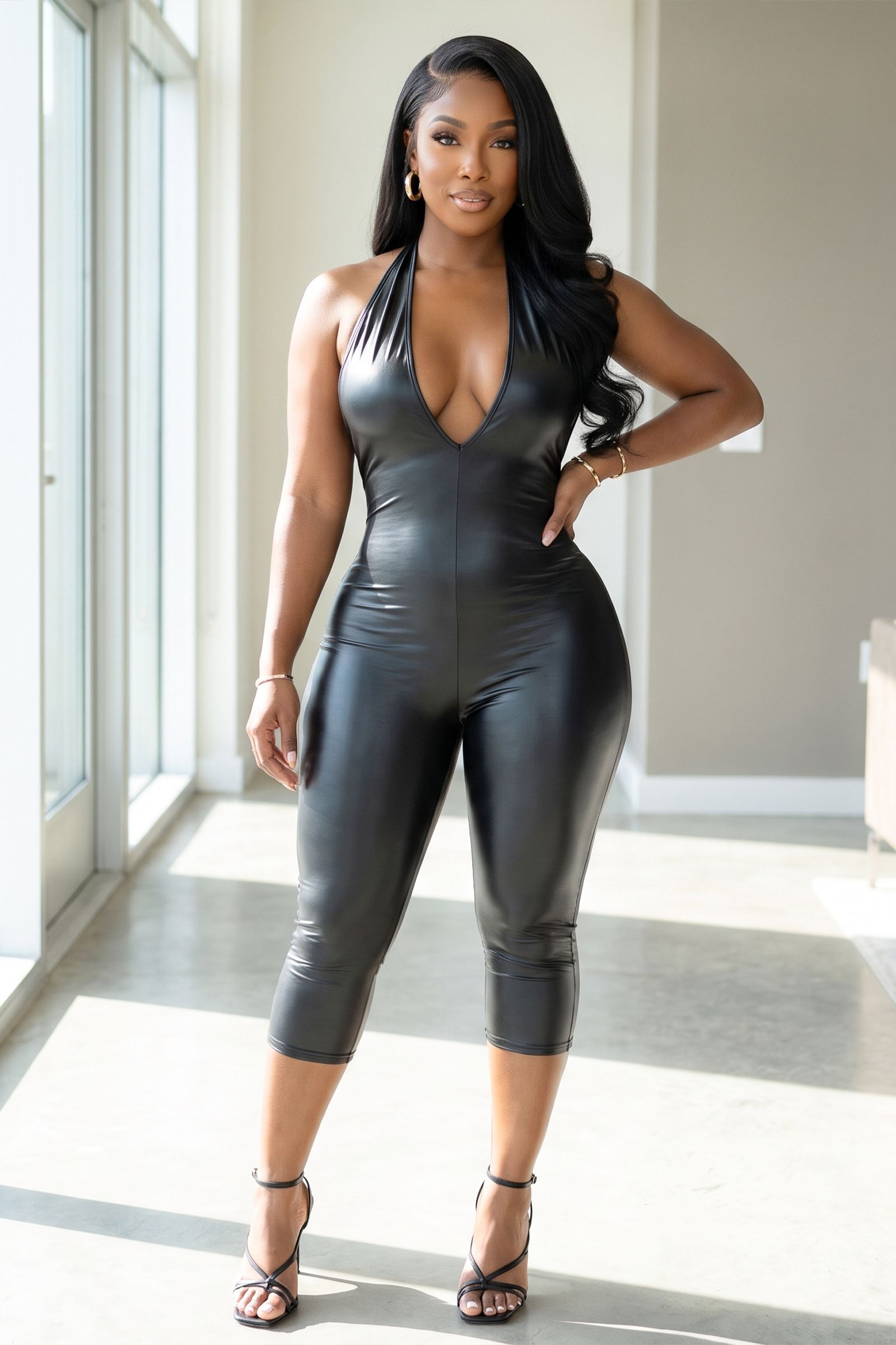 70008-STRETCHY FAUX LEATHER PLUNGE V-NECK HALTER CAPRI JUMPSUIT, Contents: