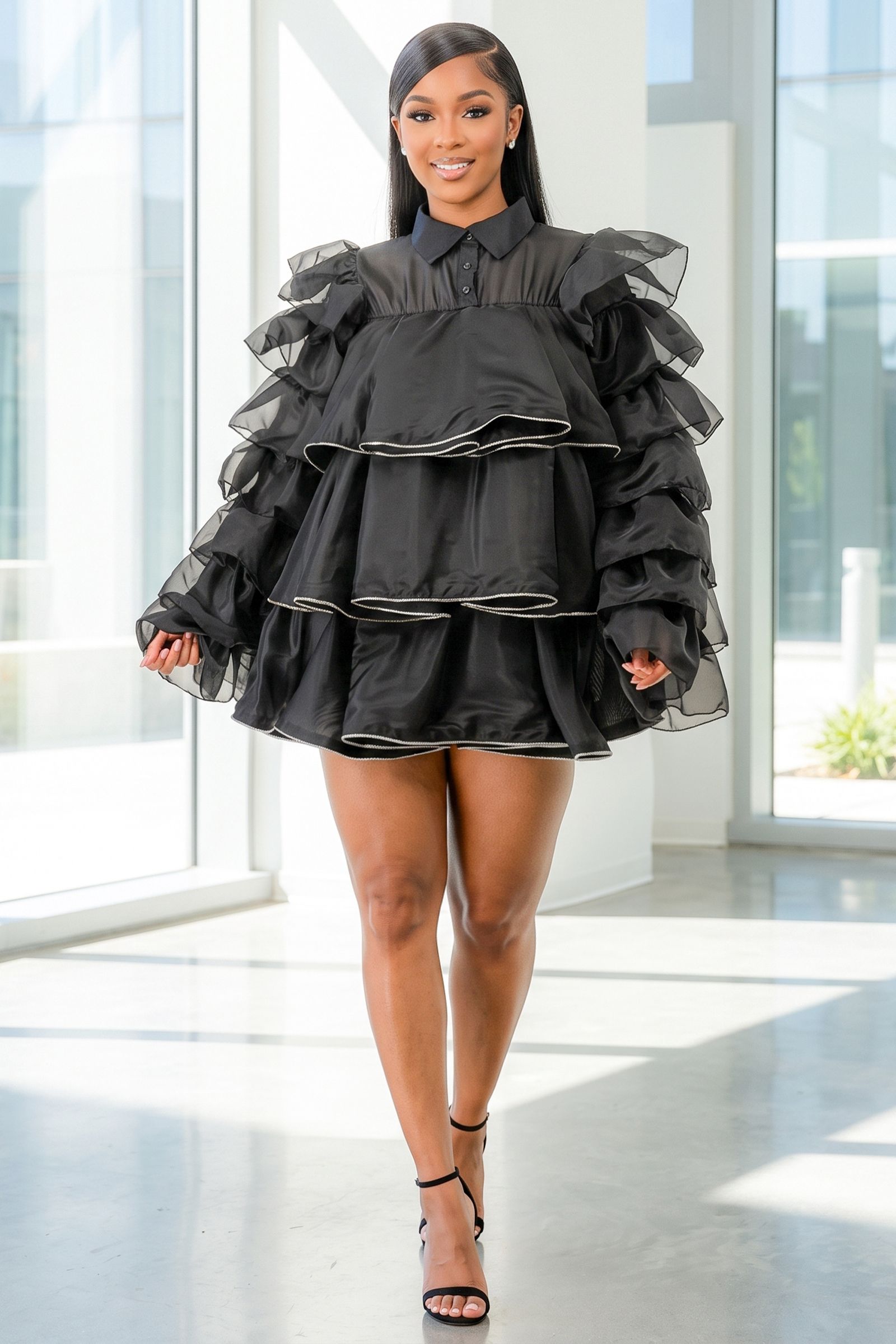 2708-LONG SLEEVE COLLAR BUTTON DOWN TIERED RUFFLE TUNIC DRESS, Contents: