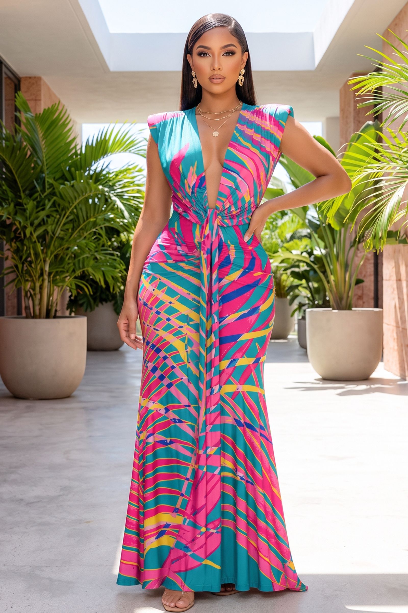 9874-FLORAL PATTERN PLUNGING V-NECK MAXI DRESS WITH SHOULDER PAD, Contents:
