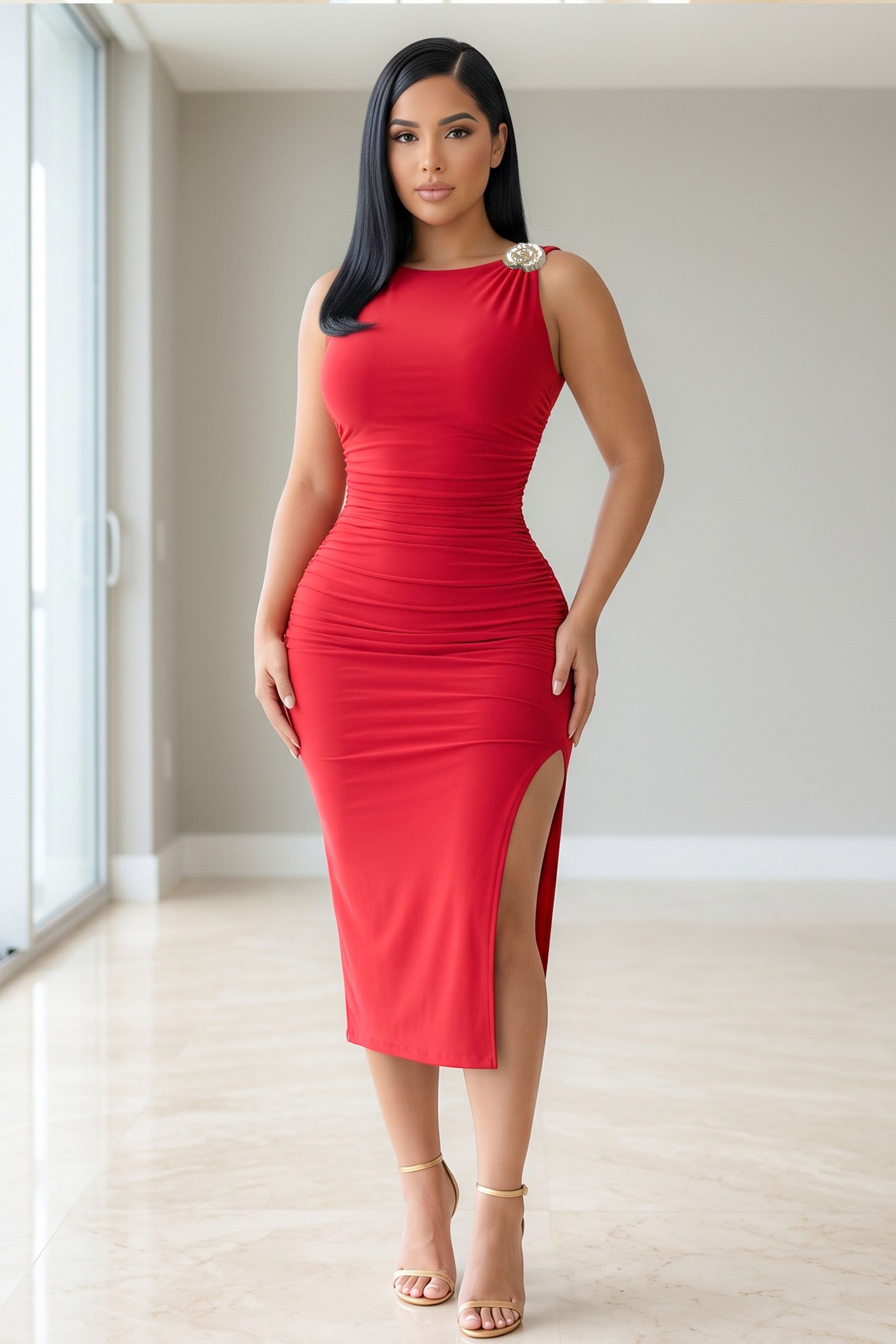 6255-SLEEVELESS BOAT NECK RUCHED MIDI DRESS WITH HIGH SLIT, Contents: