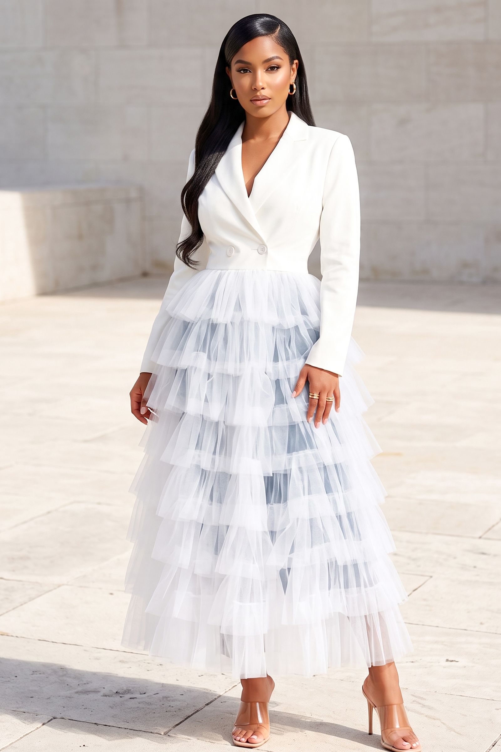 2971-LONG SLEEVE V-NECK NECK BLAZER TIERED MESH LONG DRESS, Contents: