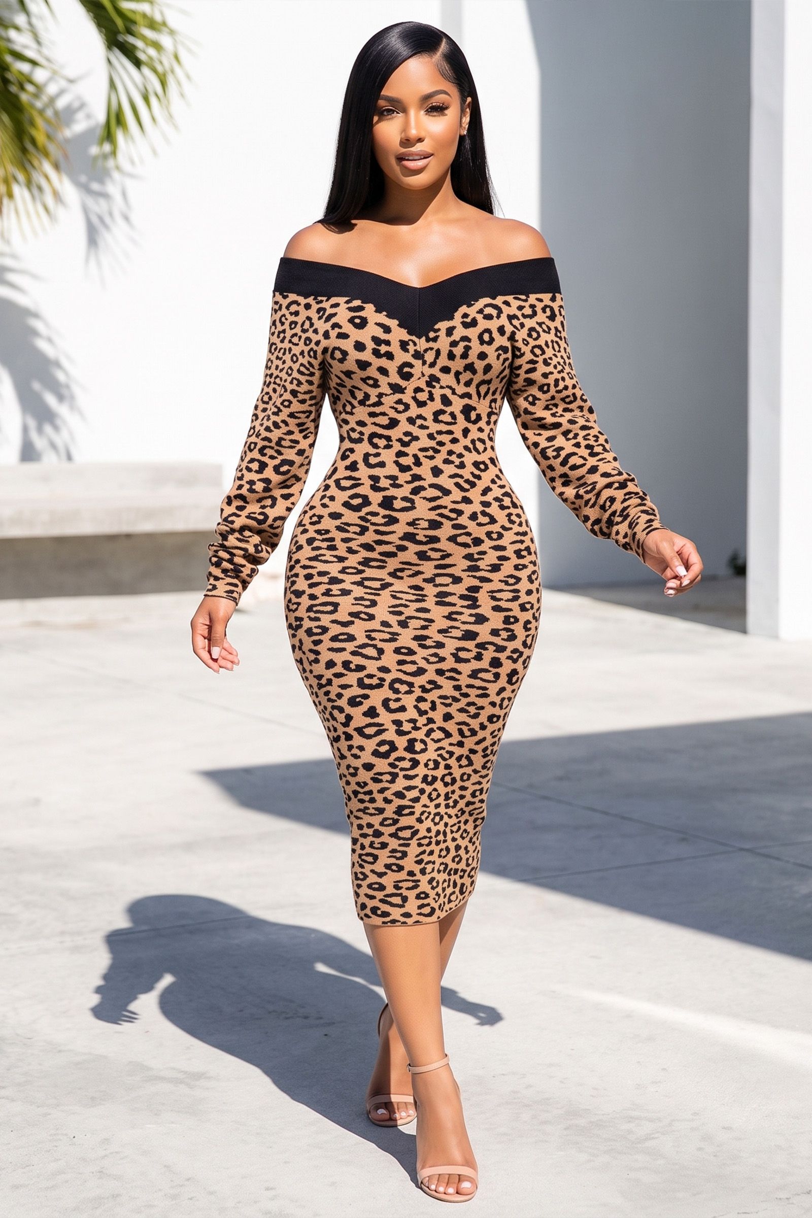 794-LEOPARD LONG SLEEVE WIDE V-NECK KNIT BODYCON MIDI DRESS, Contents: