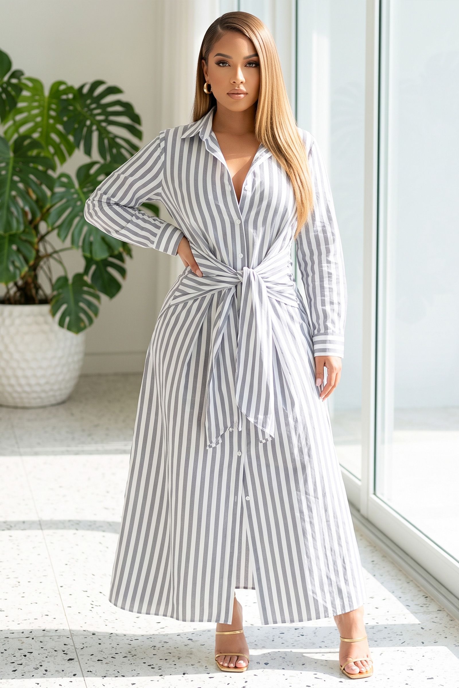 6343-PIN STRIPE PATTERN BUTTON DOWN WAIST TIE MAXI DRESS, Contents: