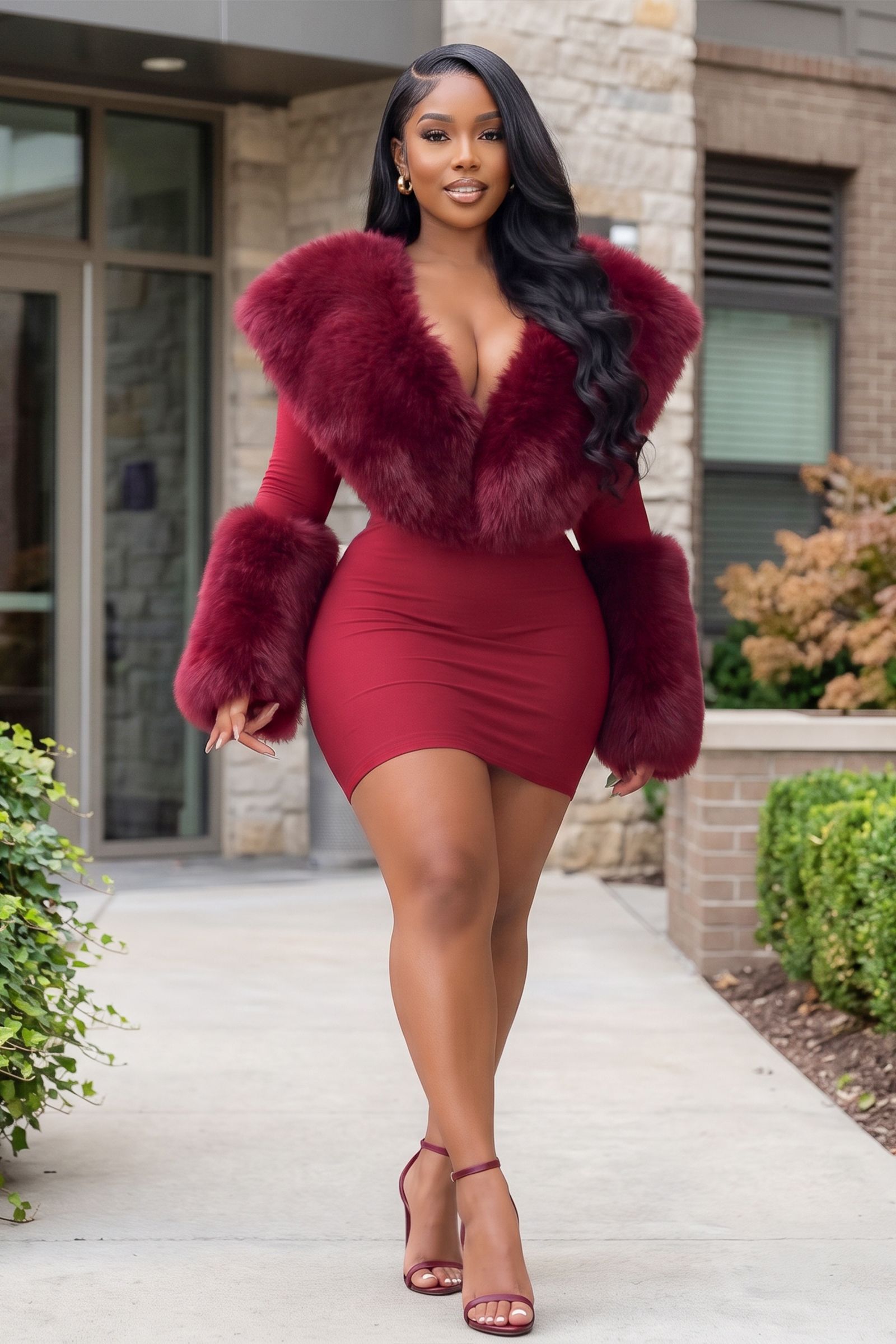 60025-LONG SLEEVE V-NECK BODYCON MINI DRESS WITH FUR TRIM, Contents: