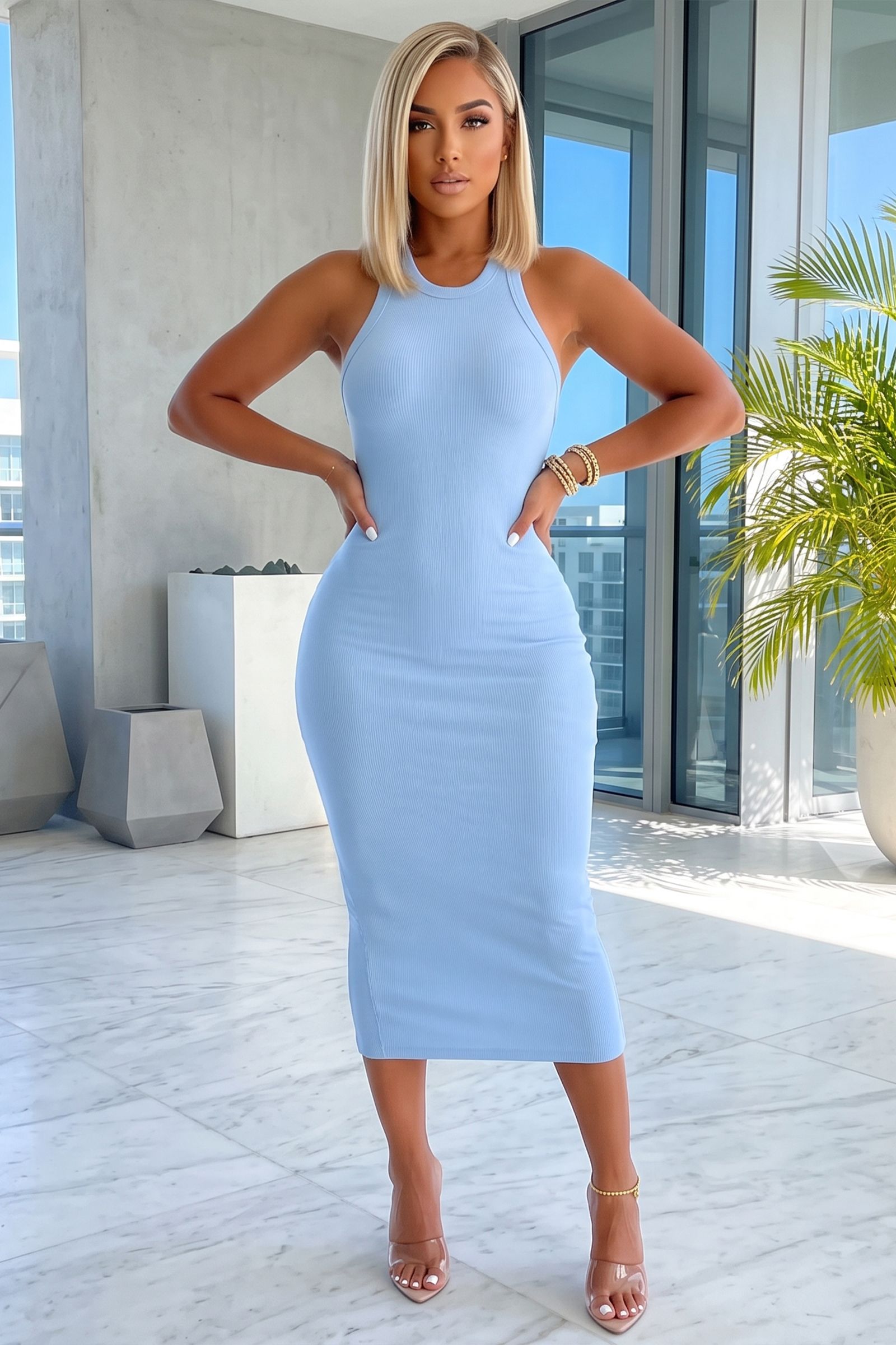 1221-SLEEVELESS SOLID RIBBED TANK BODYCON MIDI DRESS, Contents: