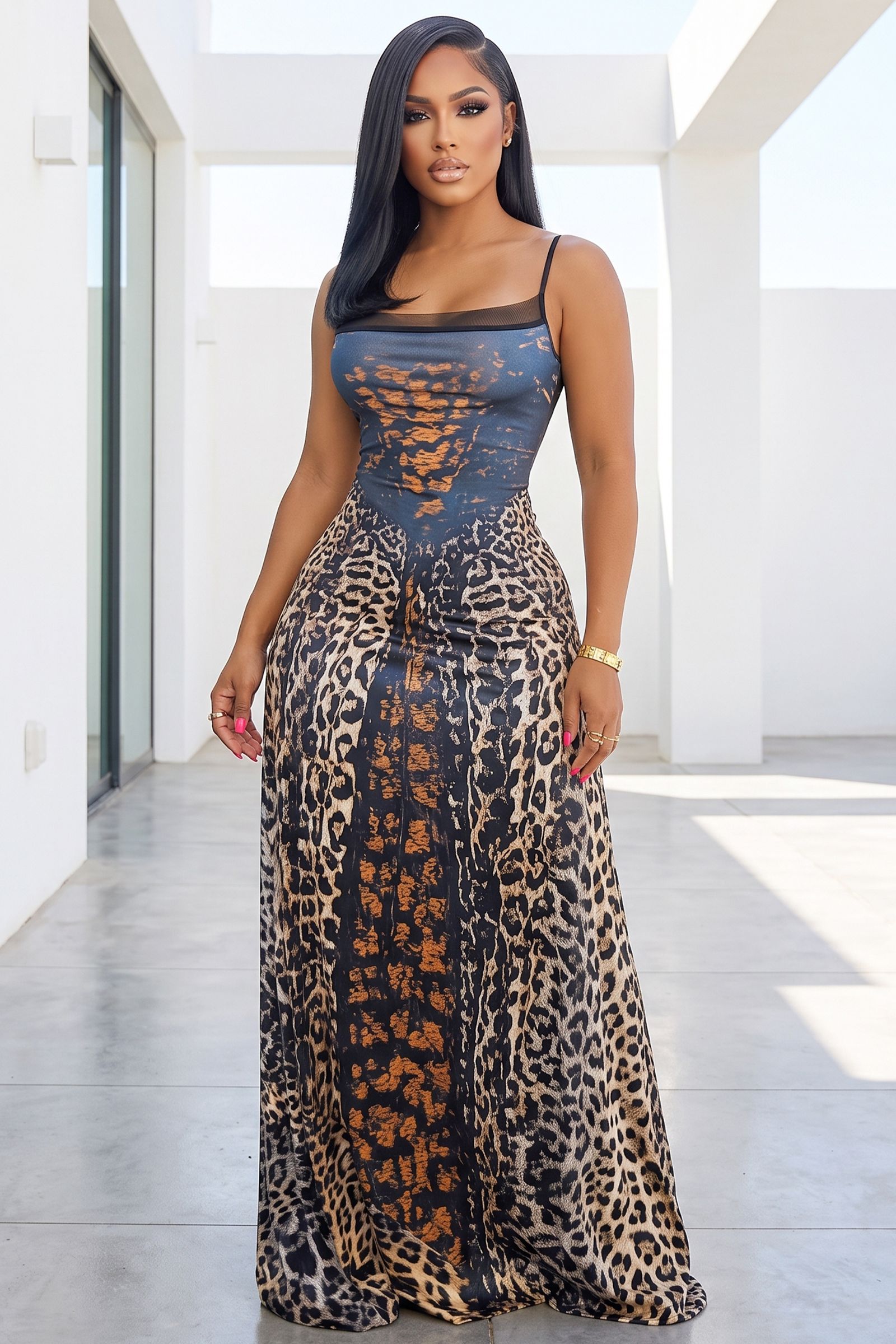 631-ANIMAL PATTERN MAXI DRESS WITH CRISS-CROSS OPEN BACK, Contents: