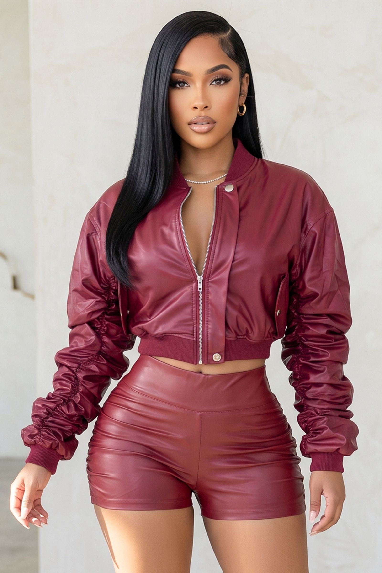 2431-STACKED LONG SLEEVE ZIP UP FAUX LEATHER BOMBER JACKET, Contents: