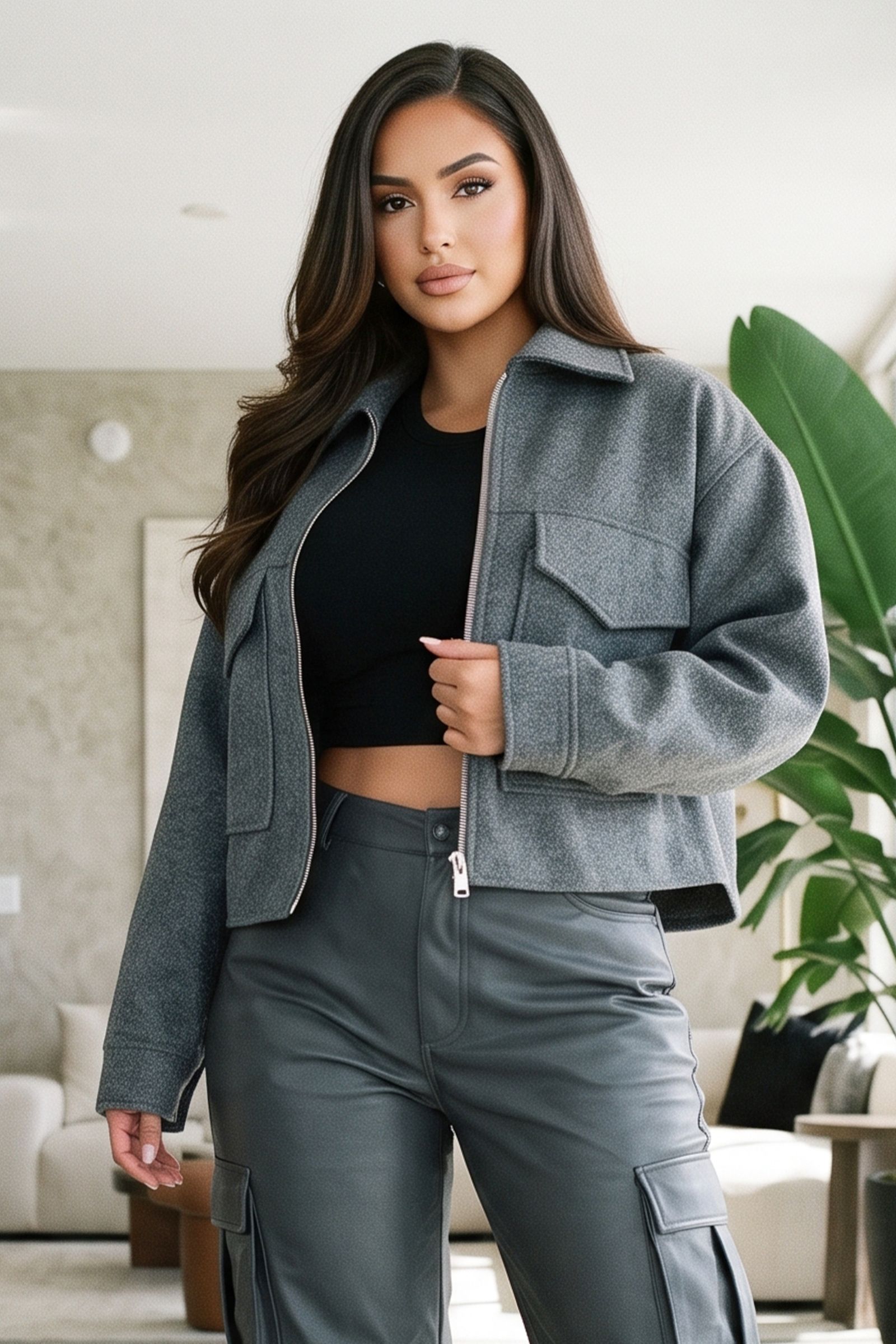 K100-WOOL FABRIC COLLAR ZIPPER OVERSIZED BOMBER JACKET, Contents: