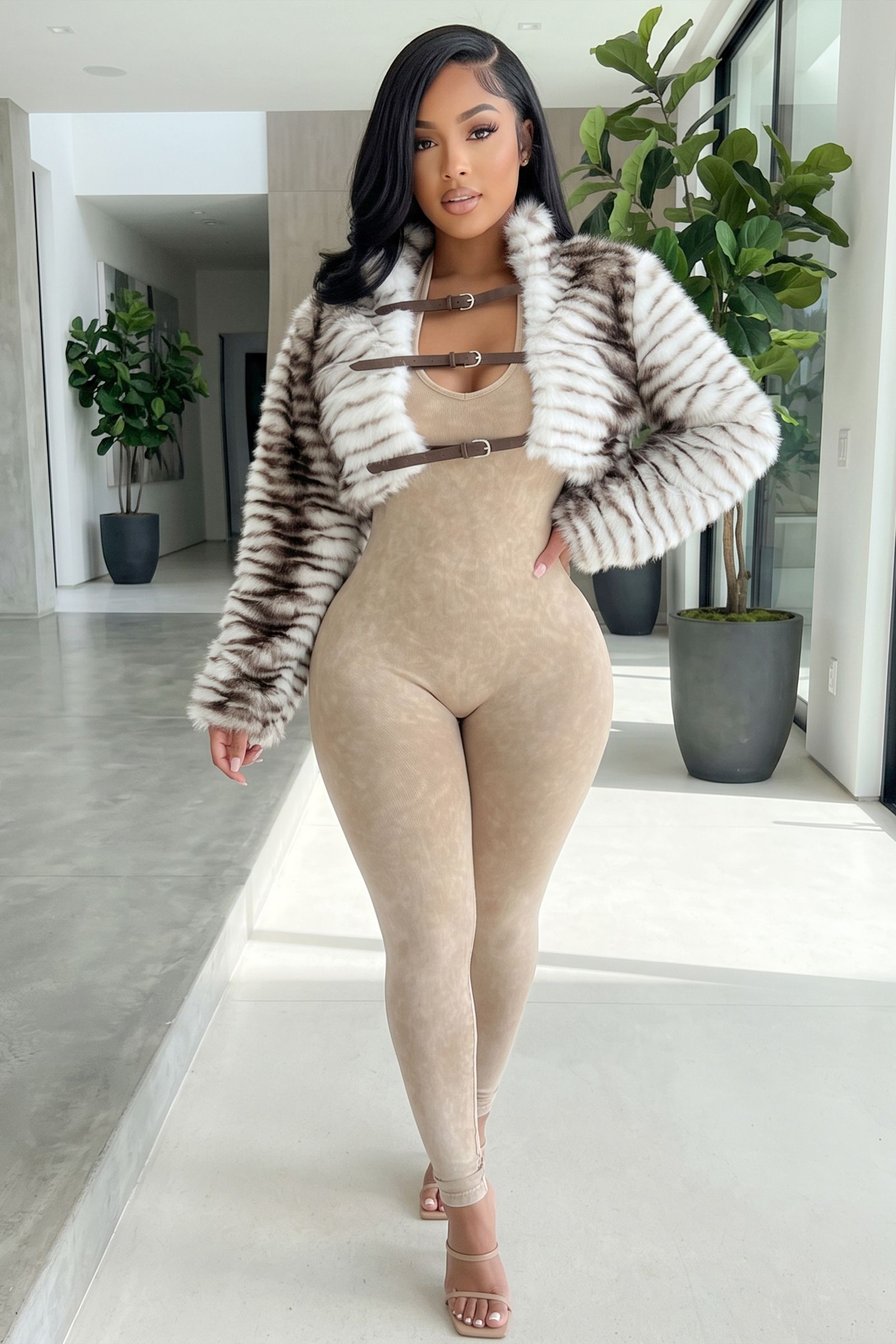 845-HIGH NECK SOFT PUFFY FUR CROP JACKET WITH TRIPLE BELTS, Contents: