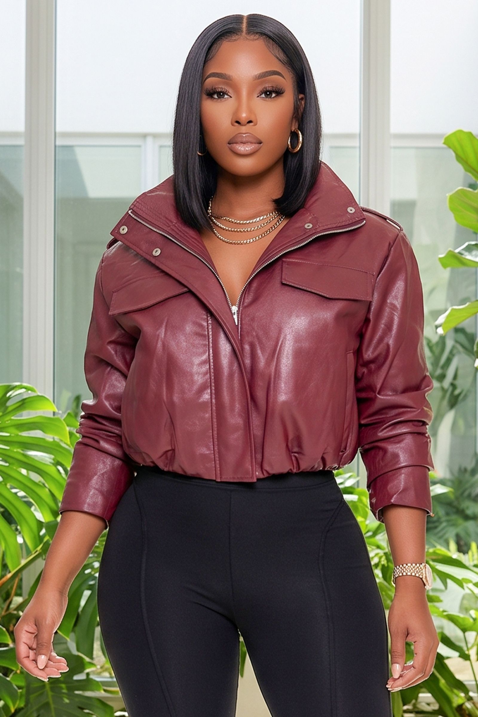 400-FAUX LEATHER ZIP UP MOCK NECK BOMBER JACKET, Contents: