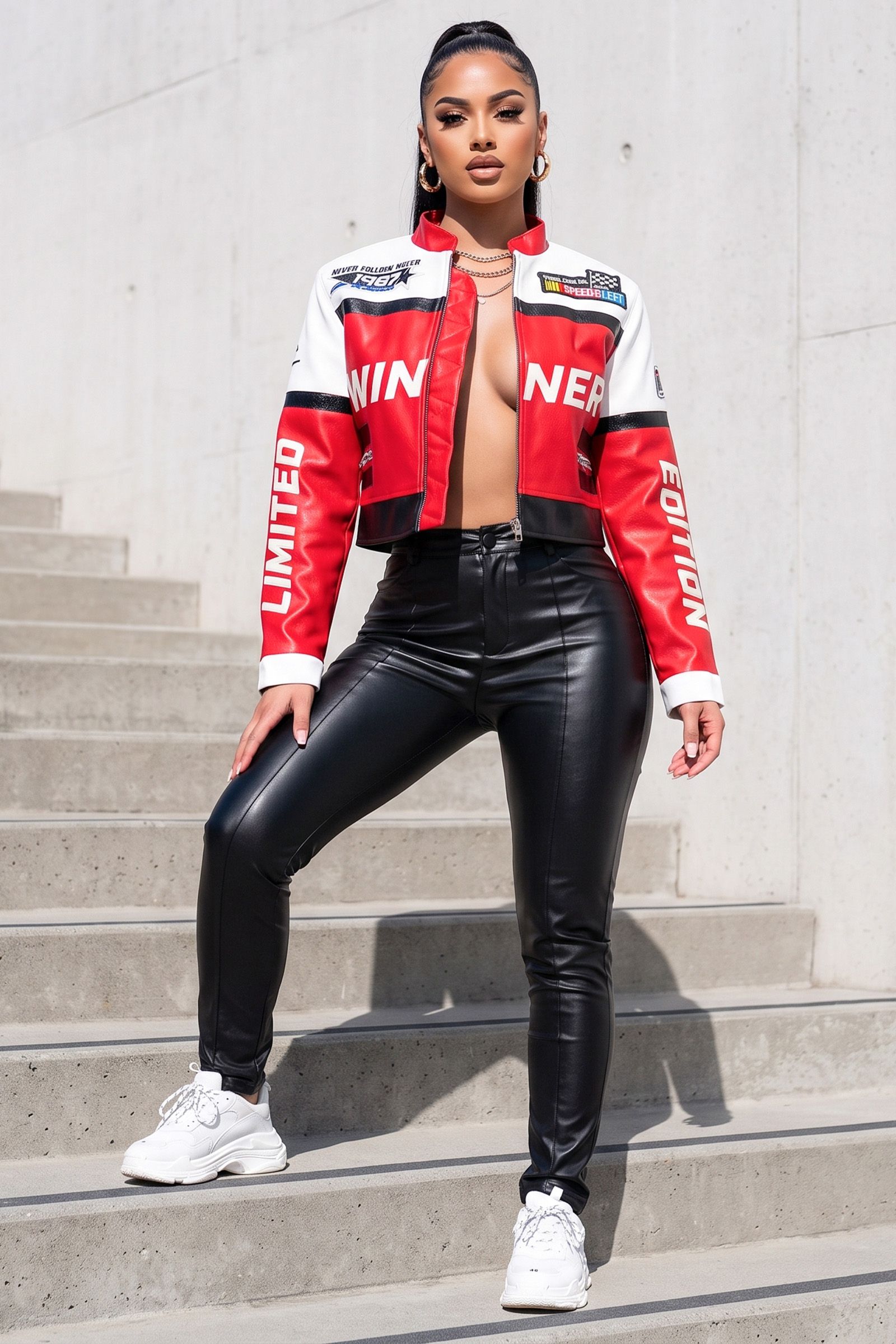 103-RACING THEME EMBROIDERY PATCH FAUX LEATHER BIKER JACKET, Contents: