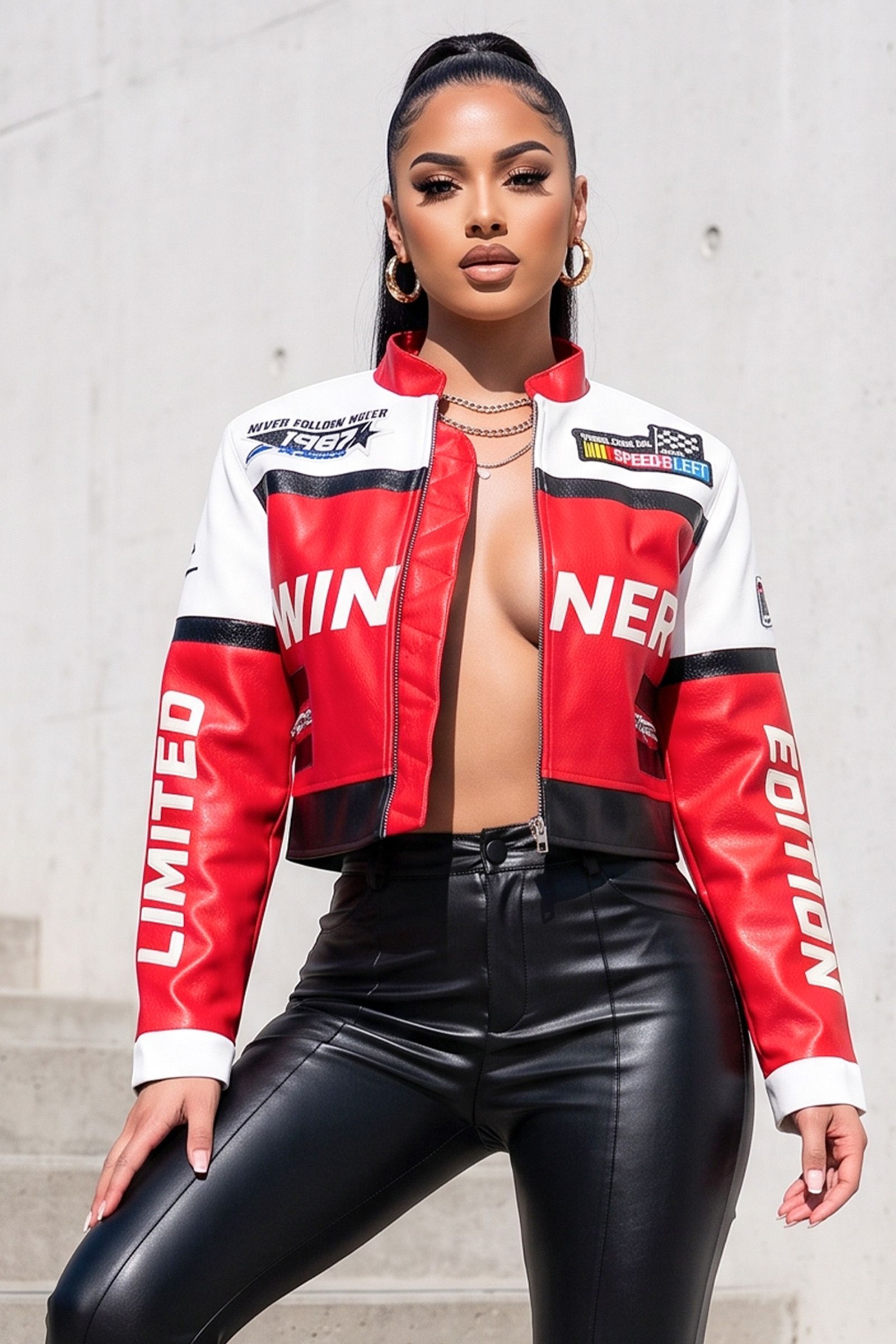 103-RACING THEME EMBROIDERY PATCH FAUX LEATHER BIKER JACKET, Contents: