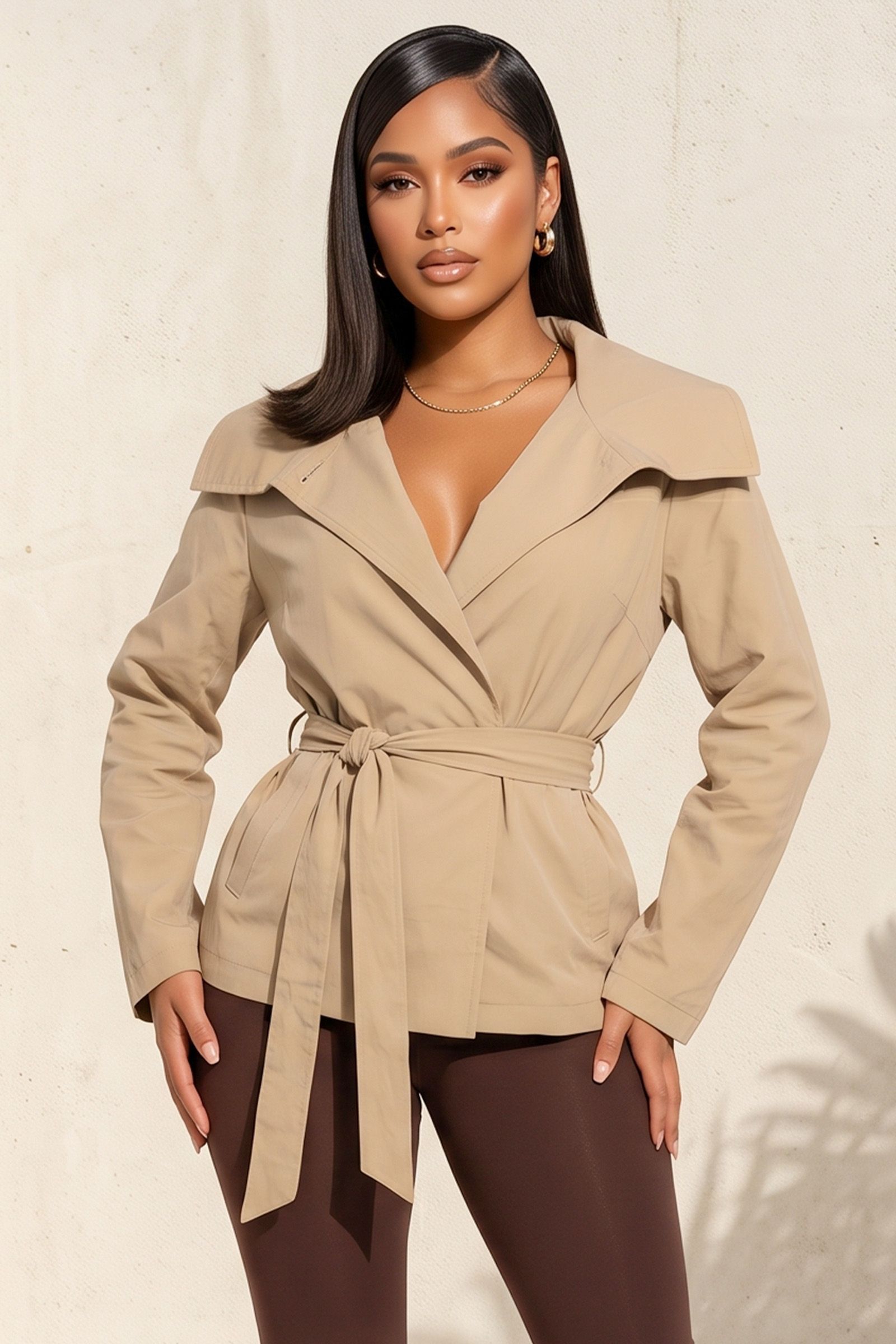 80495-LONG SLEEVE WIDE LAPELS TRENCH JACKET  WITH WAIST TIE, Contents: