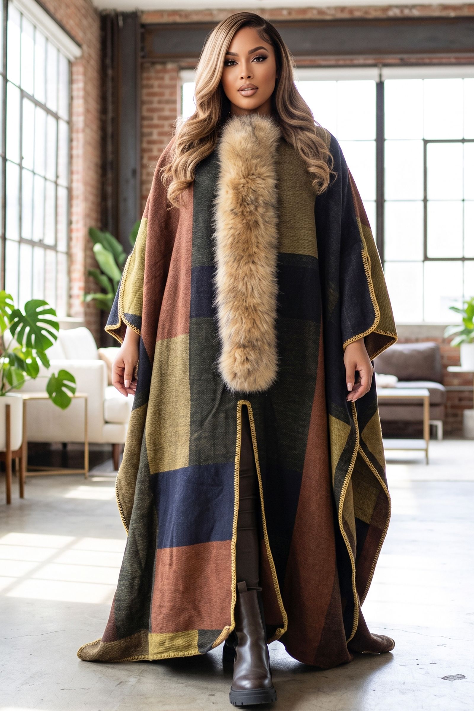6534-GEOMETRIC MULTI COLOR FUR TRIM MAXI CAPE PONCHO WITH SLIT, Contents: