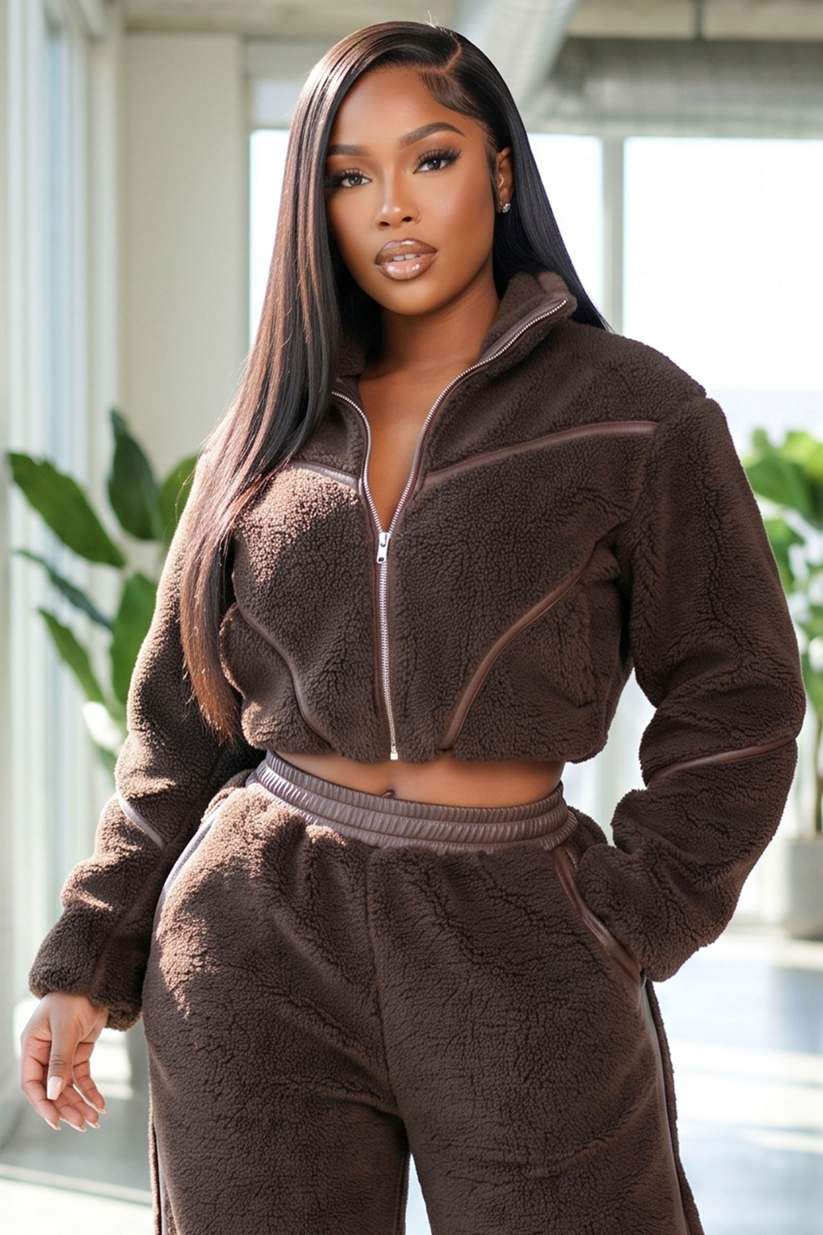 80455-TEDDY BEAR FUR ZIPPER FRONT PUFFY JACKET WITH PU PIPING, Contents: