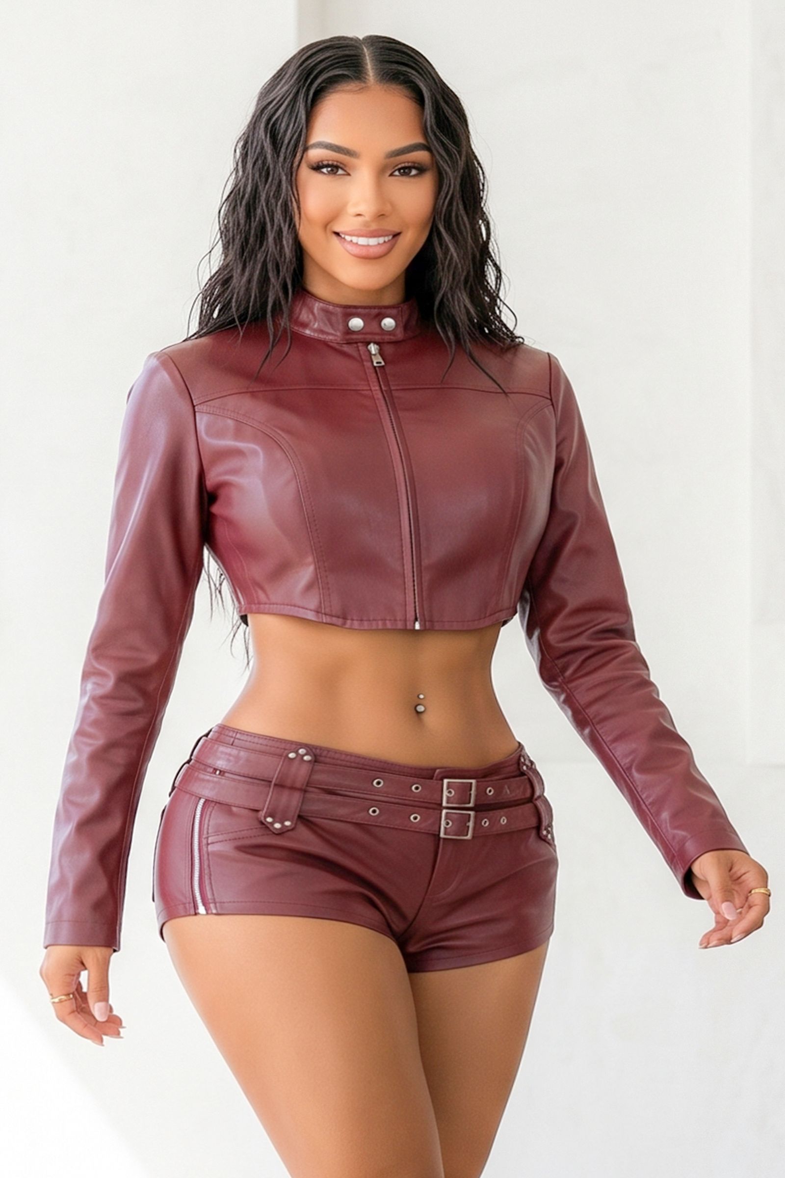 10058-FAUX LEATHER MOCK NECK CROPPED MOTO JACKET, Contents: