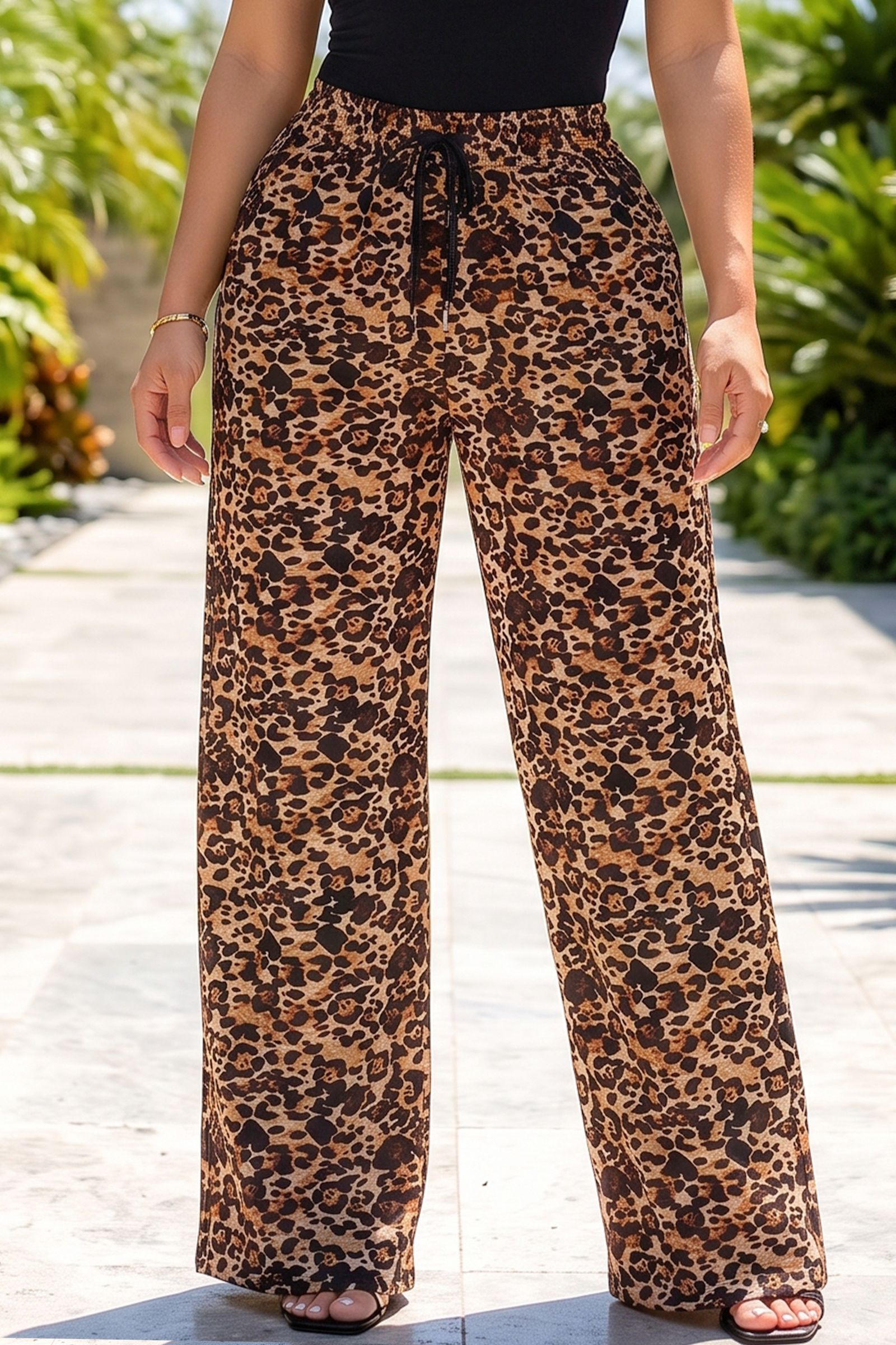 05T-ANIMAL PATTERN ELASTIC WAIST DRAWSTRING WIDE LEG PANT, Contents:
