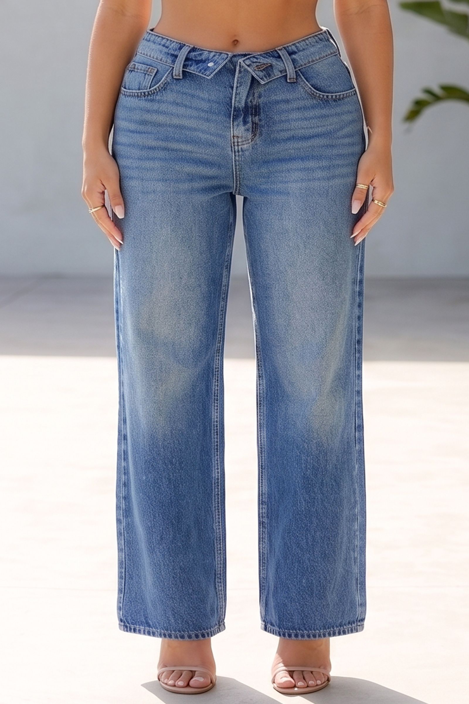 99757DK-FOLDED WAIST LINE WIDE LEG JEAN, Contents: