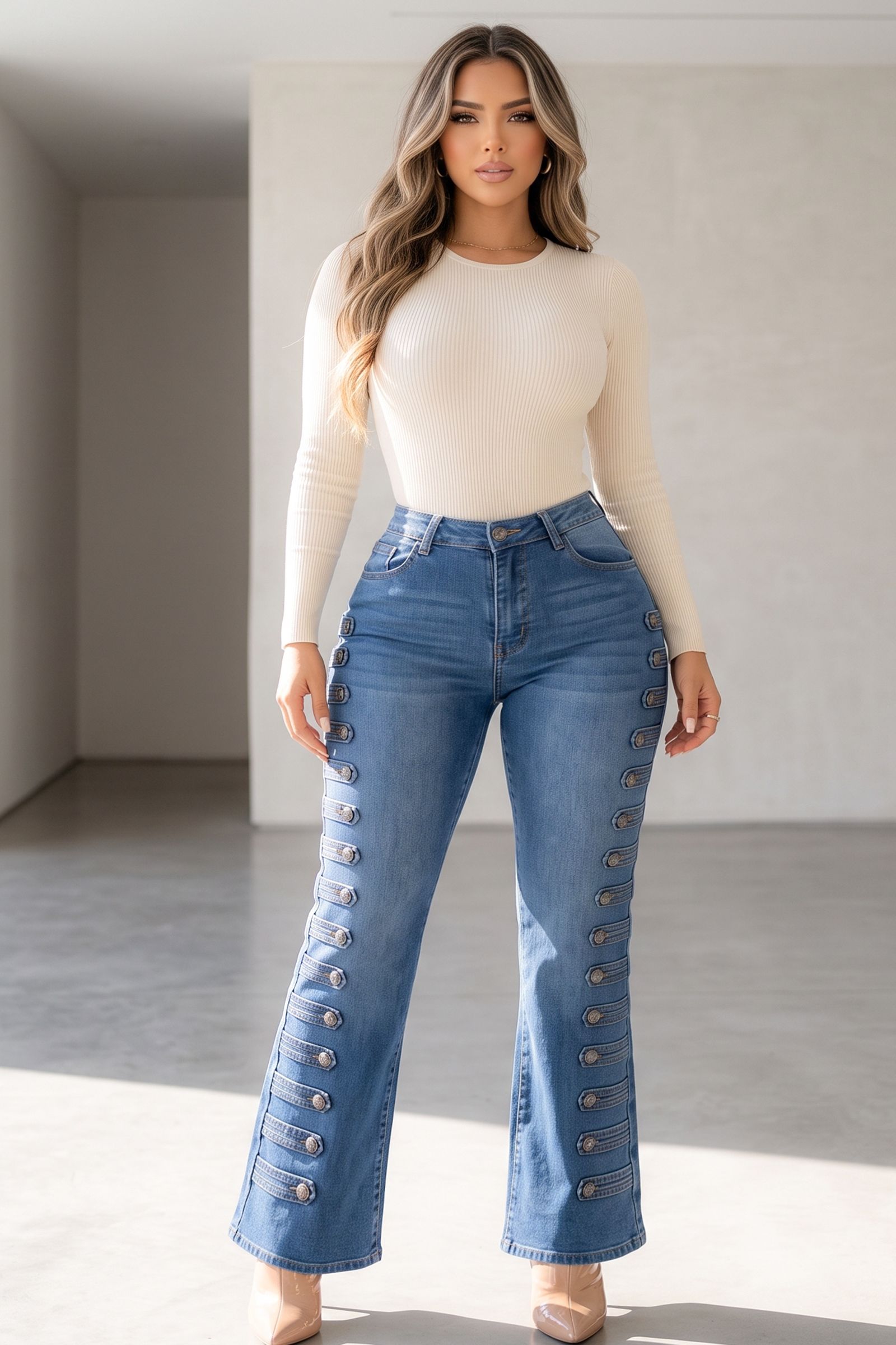26145-NAPOLEON THEME BUTTON DESIGN HIGH RISE WIDE LEG JEAN, Contents: