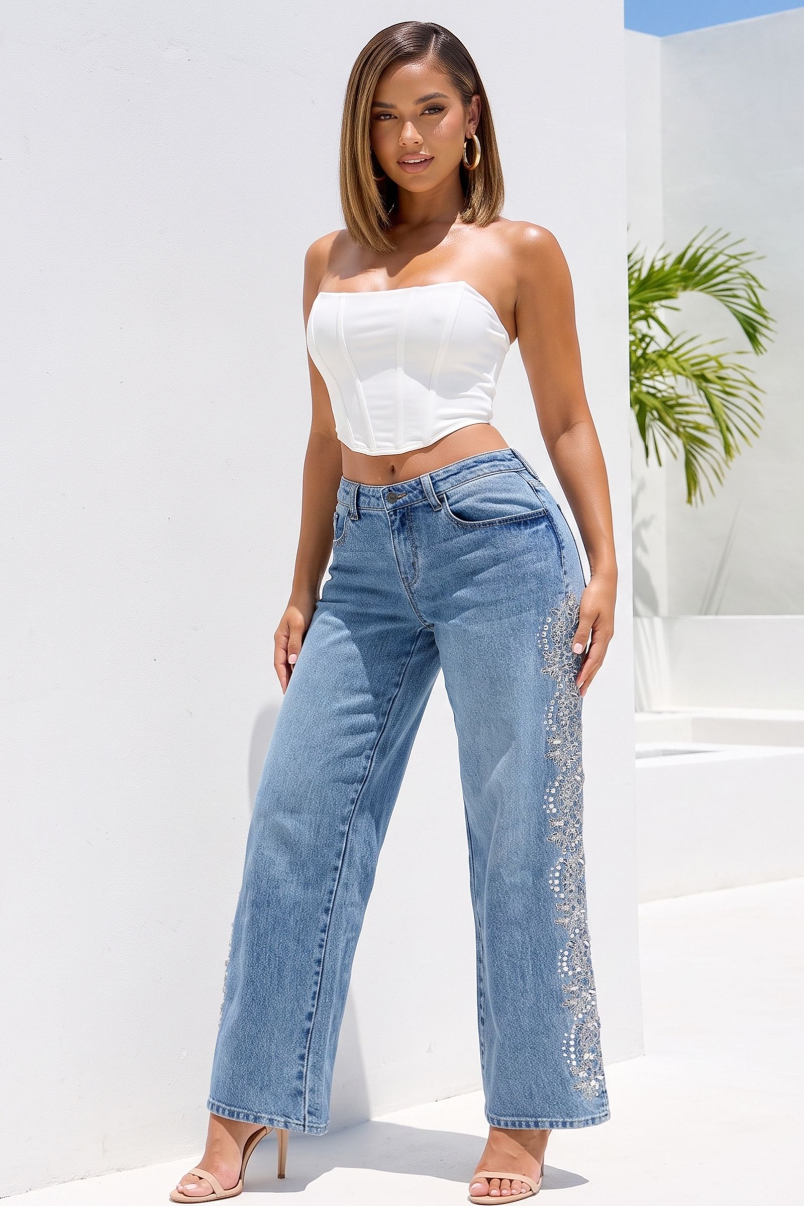 1012-FLORAL EMBROIDERED RHINESTONE WIDE LEG LOW RISE JEAN, Contents: