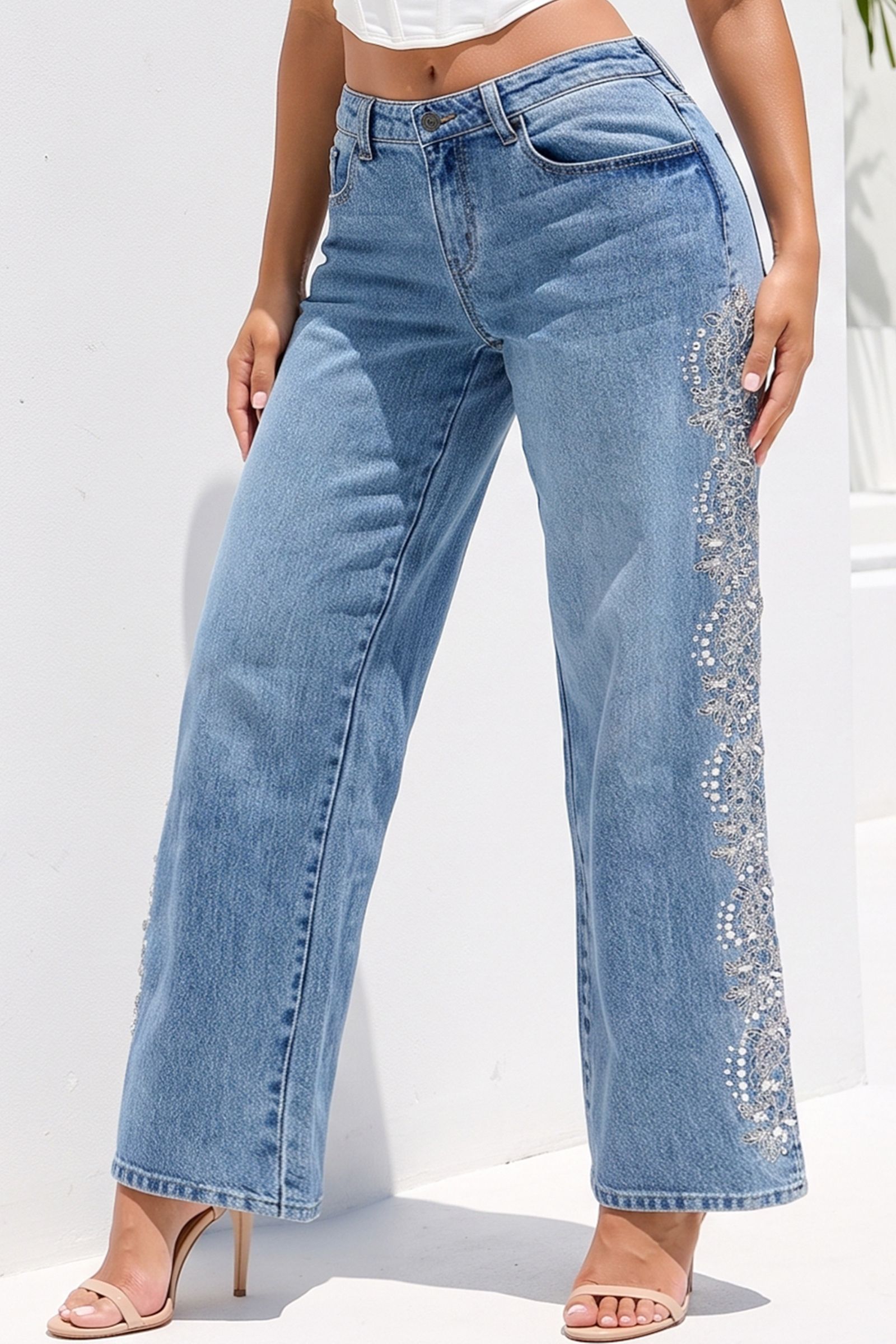 1012-FLORAL EMBROIDERED RHINESTONE WIDE LEG LOW RISE JEAN, Contents: