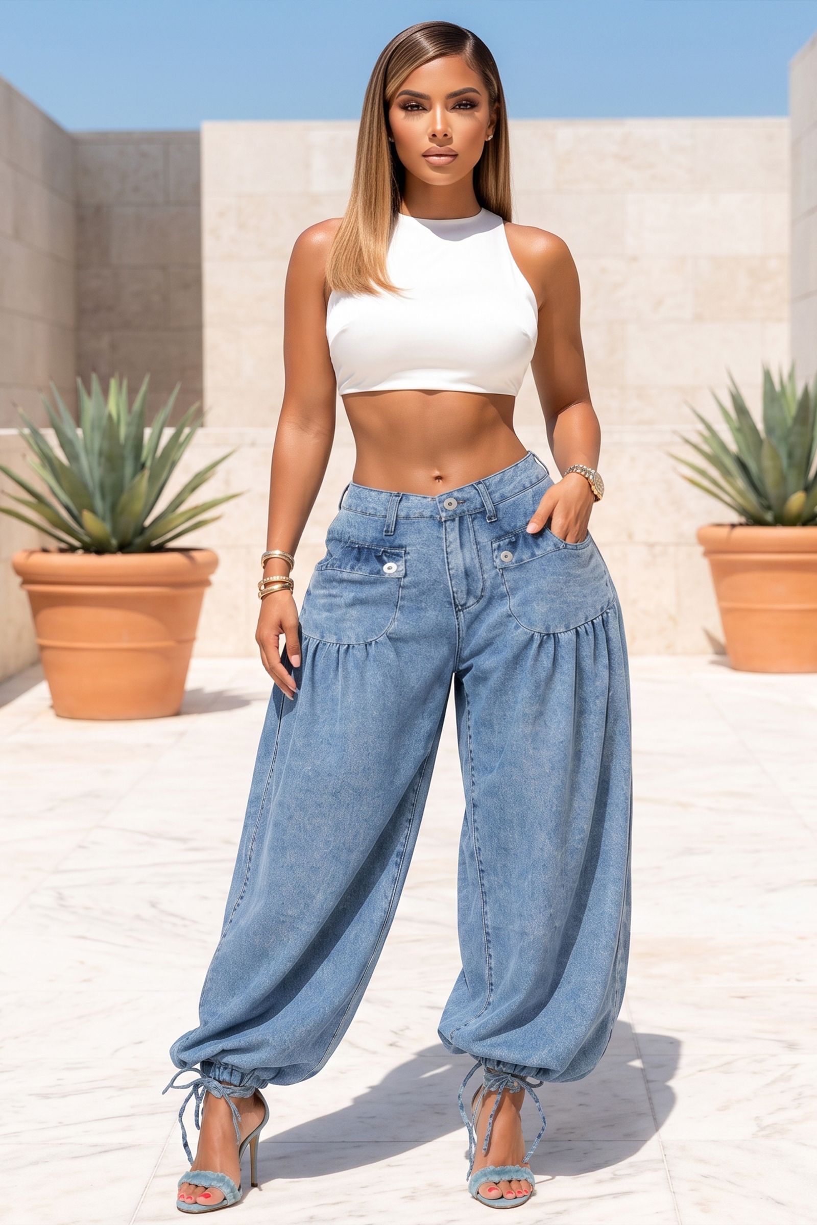 6196-HIGH RISE WIDE LEG WITH ADJUSTABLE STRING CUFF JEAN, Contents: