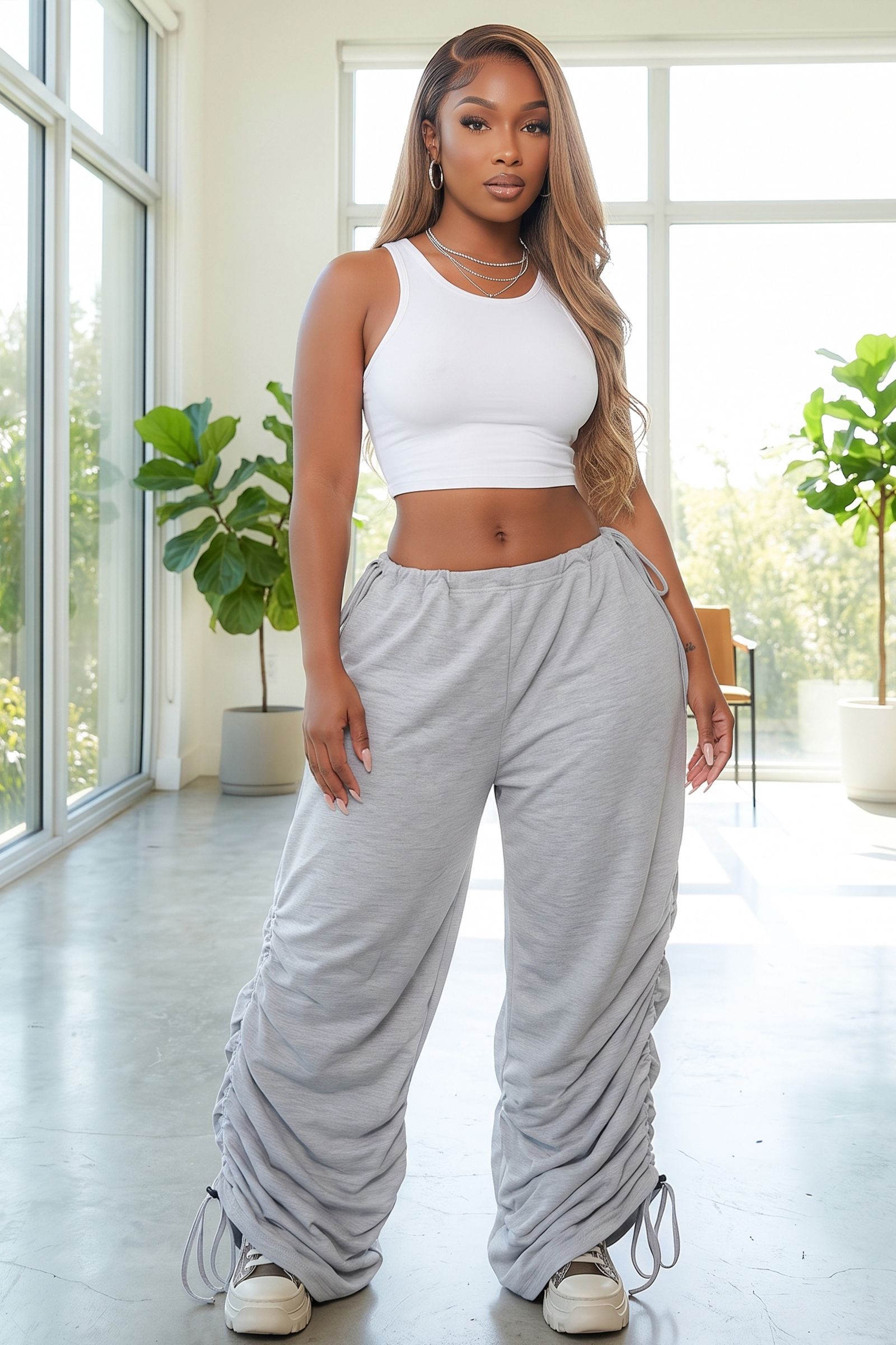 6459-ADJUSTABLE STRAP WAIST WIDE LEG SHIRRING SIDE RUCHED PANTS, Contents: