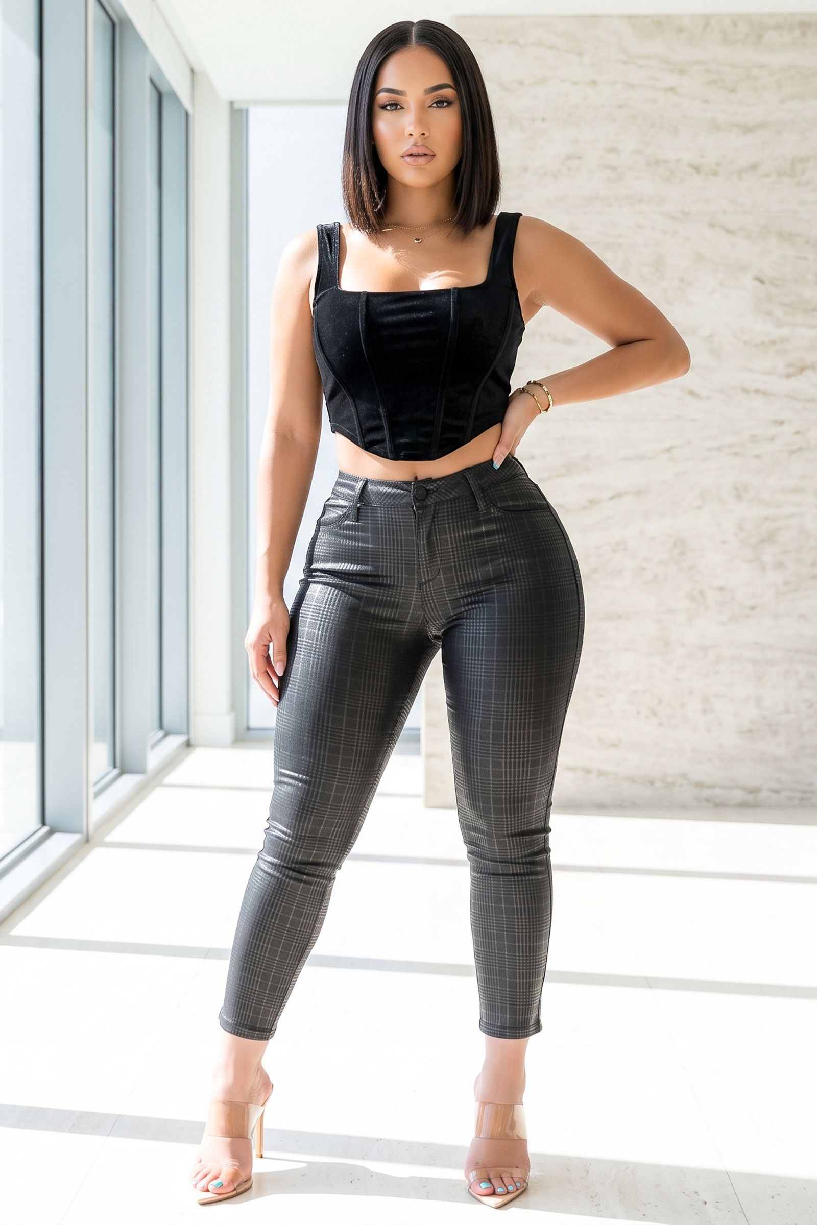 77930-PLAID PATTERN PU STRETCHY SKINNY PANTS, Contents: