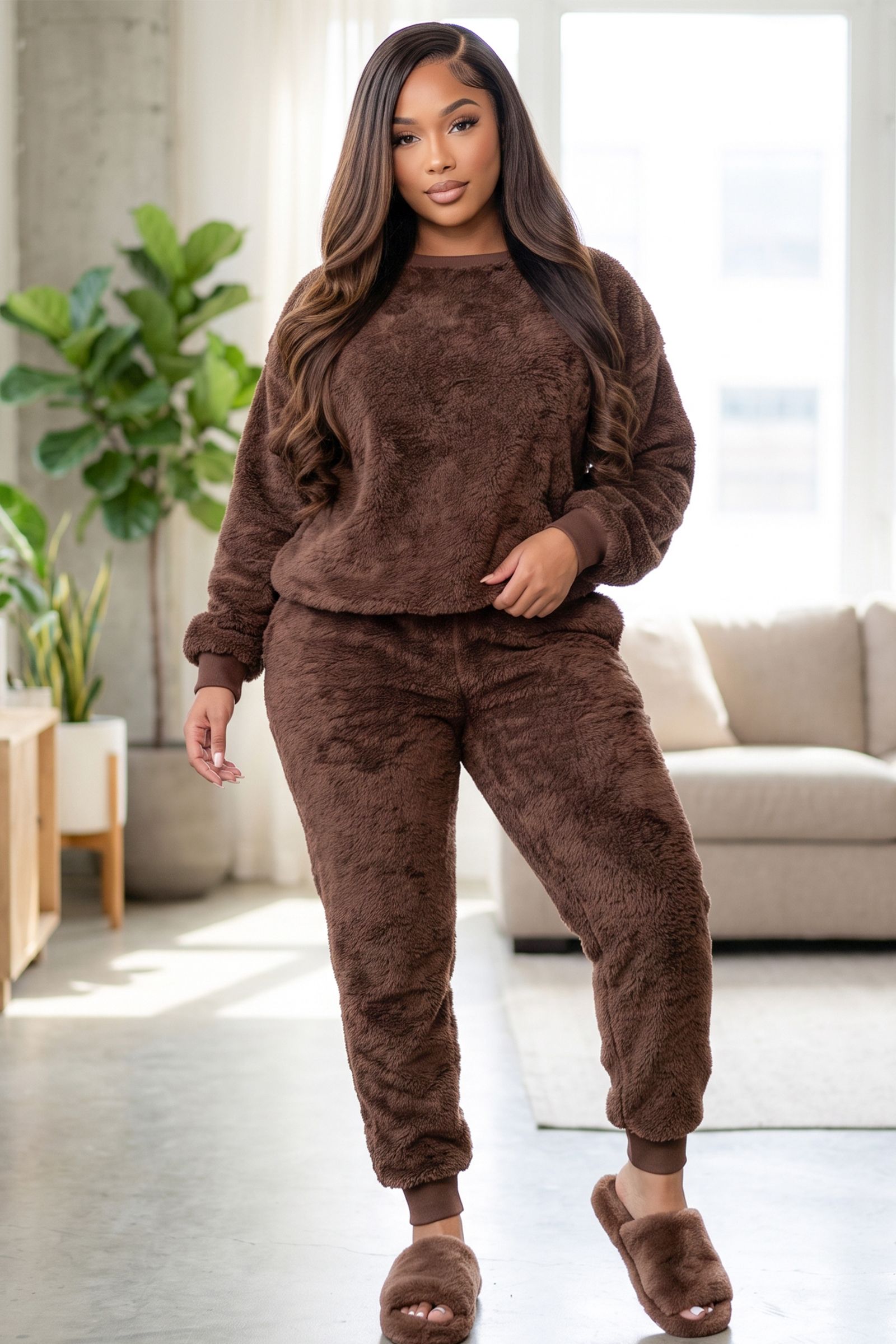 OCS18-SOFT FUZZY FUR RELAXED FIT LOUNGE WEAR TWO PIECE SET, Contents: