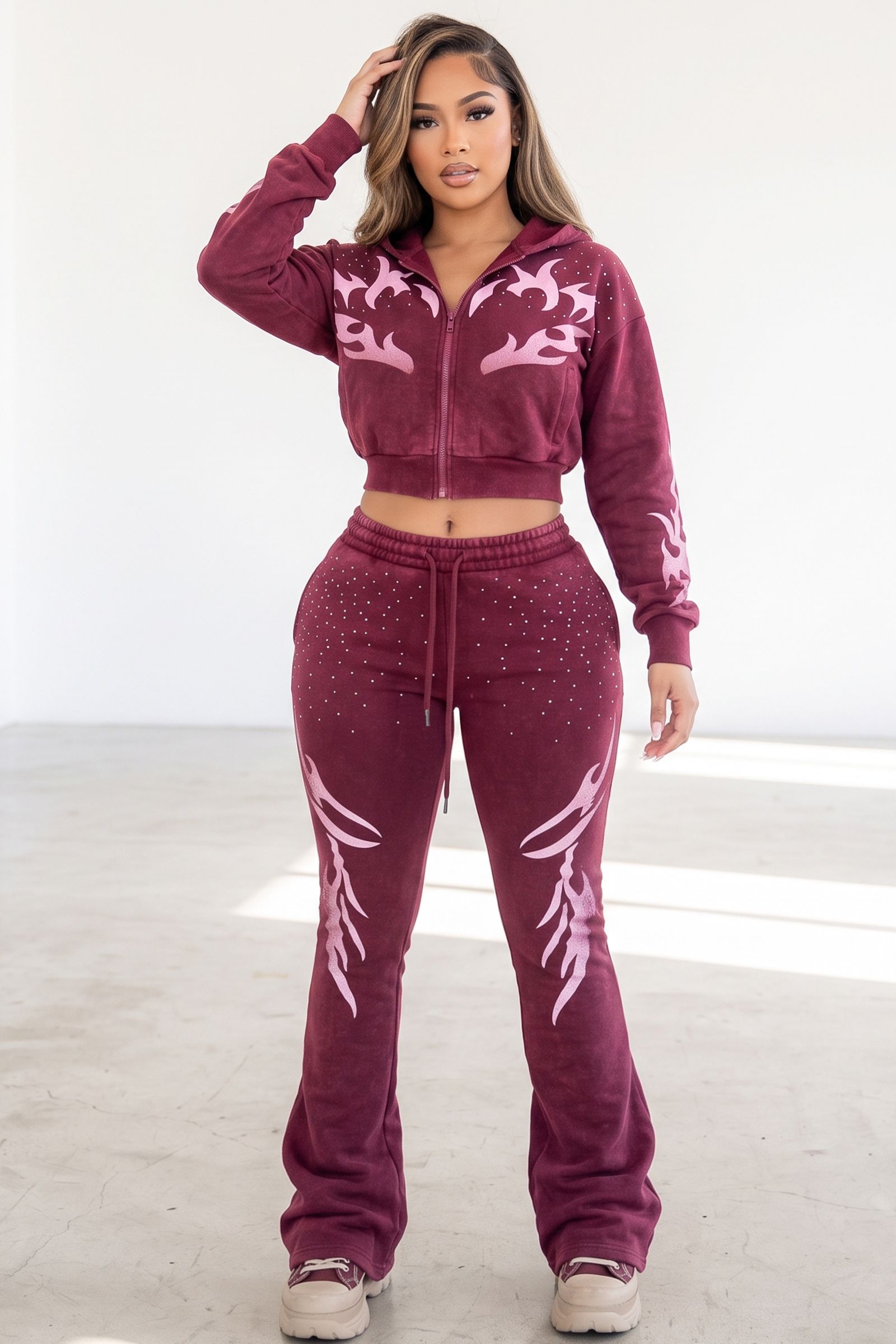 3001-MINERAL WASHED RHINESTONE HOODIE JACKET AND JOGGER 2PC SET, Contents:
