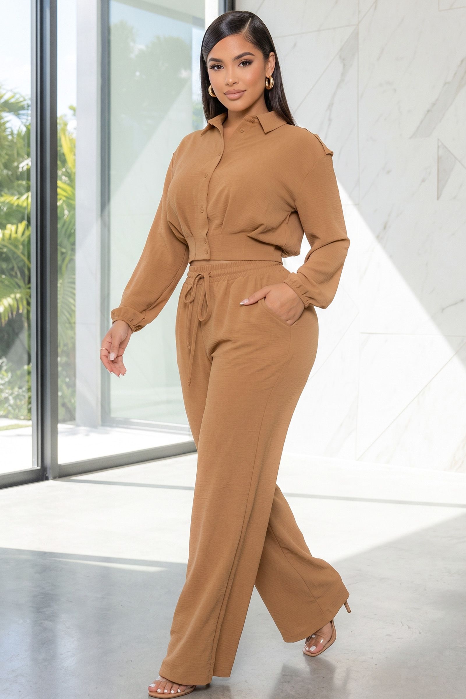6067-LONG SLEEVE SHOULDER BUTTON TAP BLOUSE AND WIDE LEG PANT SET, Contents: