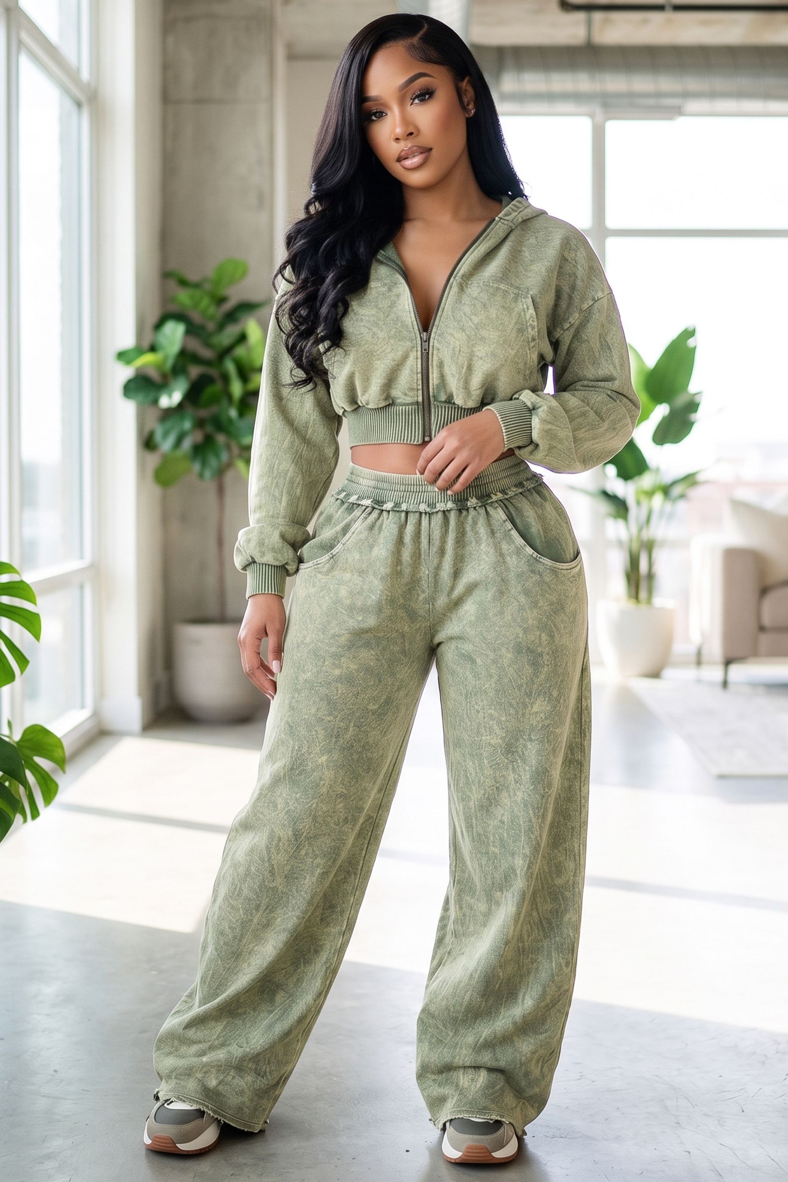 2572-MINERAL WASHED ZIPPER HOODIE JACKET AND WIDE LEG JOGGER SET, Contents: